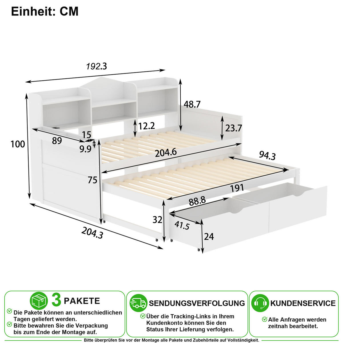 SCHLAFSOFA 90/200 cm & 90/190 cm in Weiß mit 2 Schubladen, Stauraum und USB - Weiß, Holz/Holzwerkstoff (90/200cm) - CHICFURN