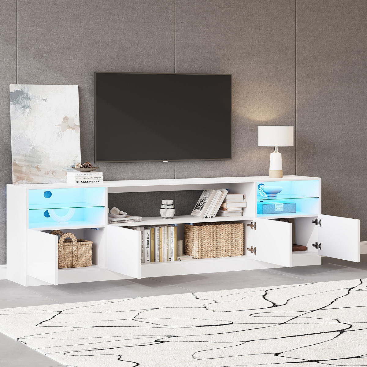 TV-SCHRANK LED Beleuchtung Hochglanz 4 Türen 8 Fächer 75 Zoll Weiß - Weiß, Holzwerkstoff (180/60/35cm) - FLIEKS