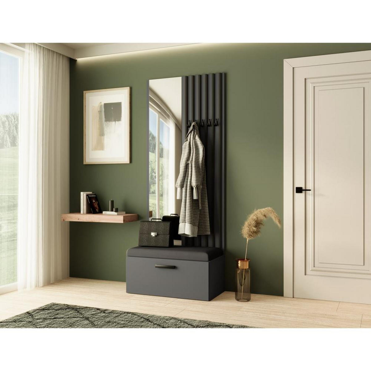 GARDEROBE Margaret II 81/203/43 mit Lamellen und Spiegel - Schwarz/Graphitfarben, Holzwerkstoff/Kunststoff (81/203/43cm) - Beautysofa