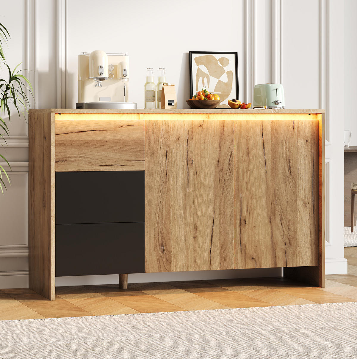SIDEBOARD aus Spanplatte 105x40x76 cm Natur/Schwarz mit LED-Beleuchtung, 3 Schubladen und 2 Türen - Schwarz, Holzwerkstoff (120/76/40cm) - Modfu