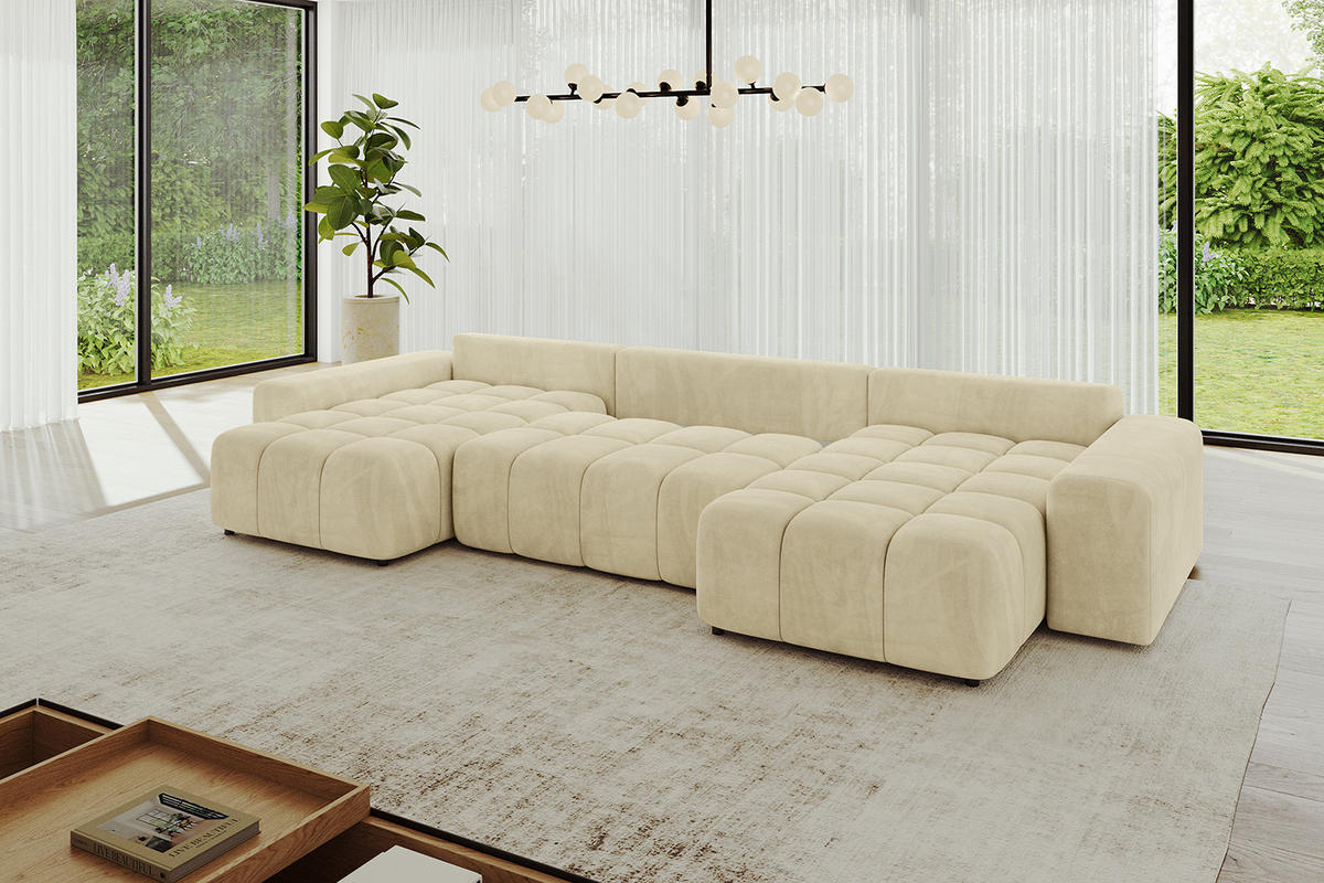 WOHNLANDSCHAFT ENIL-U 390x175x84 Beige Velours - Beige, Holzwerkstoff/Kunststoff (390/84/175cm) - ALTDECOR