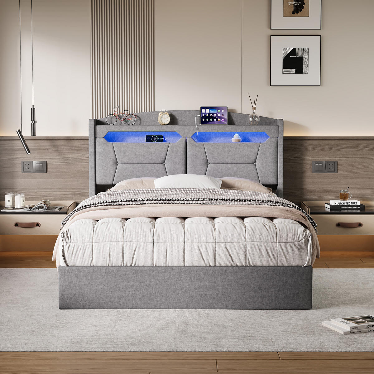 POLSTERBETT 140x200 cm LED Bettkasten USB Leinen grau - Grau, Holz (140/200cm) - LEBENLANG