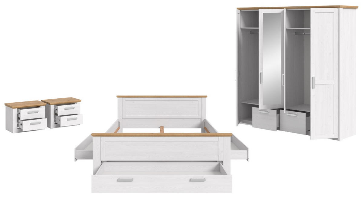 SCHLAFZIMMER weiß Lärche, Eiche Artisan Landhaus, Komplettset mit Bett Liegefläche 180 x 200 cm - Eichefarben/Silberfarben, Holzwerkstoff/Kunststoff (180/200cm) - Inn.Furn