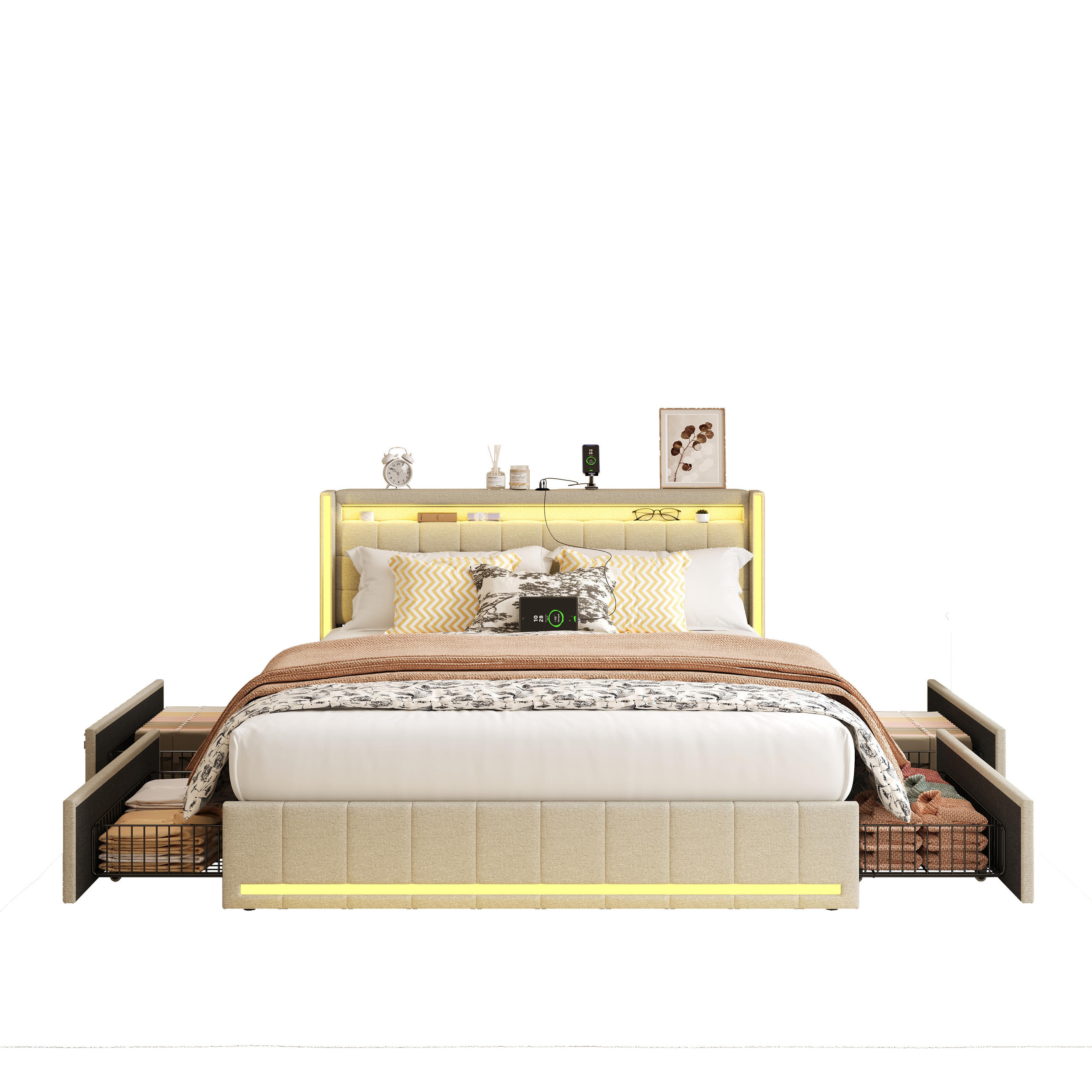 KLÄDD säng 140x200 cm linne LED USB Typ-C 4 lådor - Beige, Metall (140/200cm) - SHOPENTRA