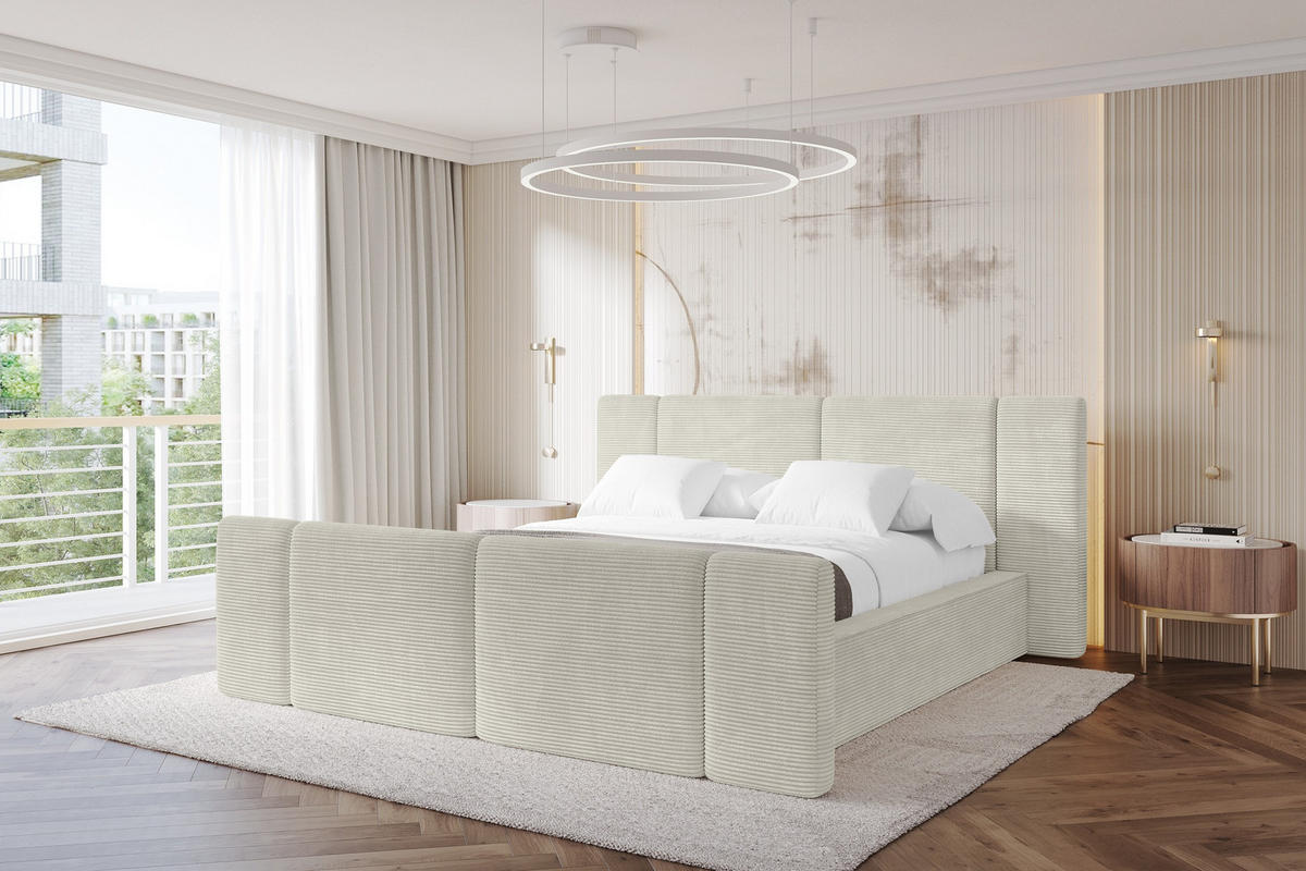 POLSTERBETT mit Bettkasten, Fußteil und Lattenrost, Bett mit Matratze H3/H4 - RIVO-Z 200x200 Creme - Sahara, Holzwerkstoff/Textil (200/200cm) - ALTDECOR