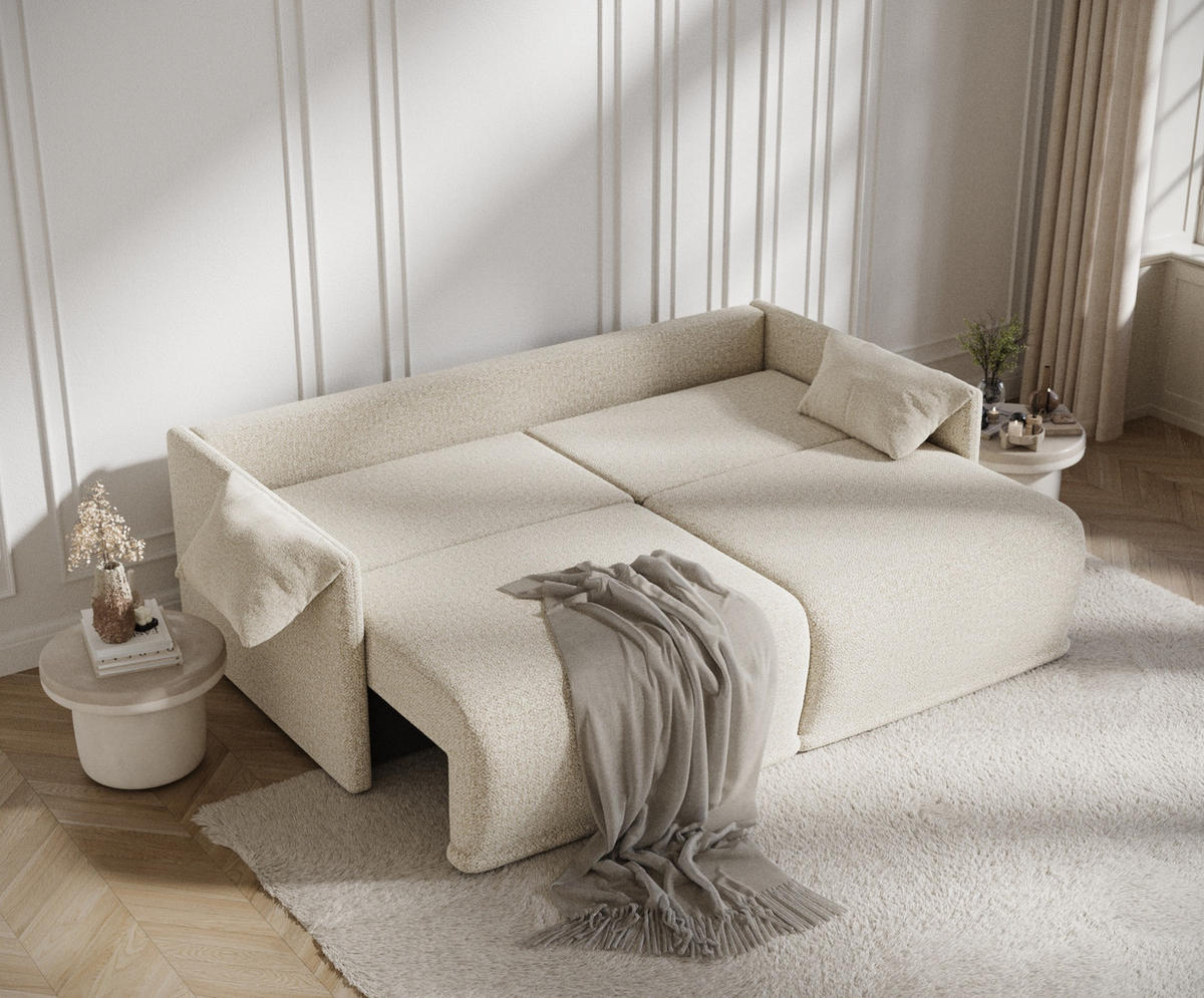 SCHLAFSOFA MIT ECKSOFA-FUNKTION Nappa Beige Plüschstoff - Beige/Schwarz, Holz/Holzwerkstoff (215/100/112cm) - Maison de Reve