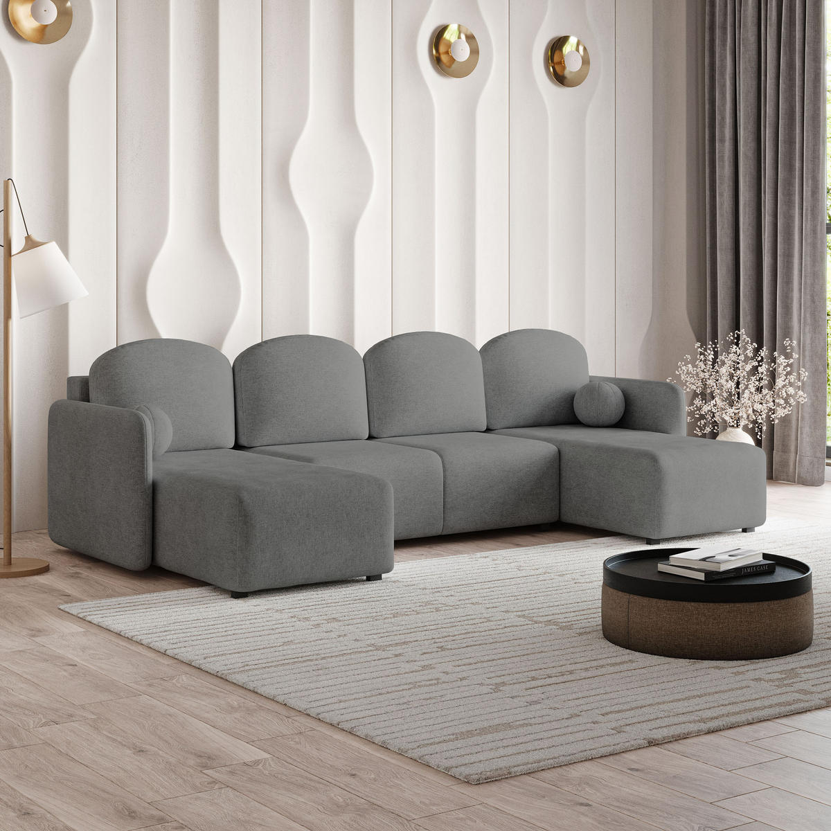 WOHNLANDSCHAFT NUBERO Grau Geflochtener Stoff mit Schlaffunktion - Grau, Holz (285/85/143cm) - MASSENO