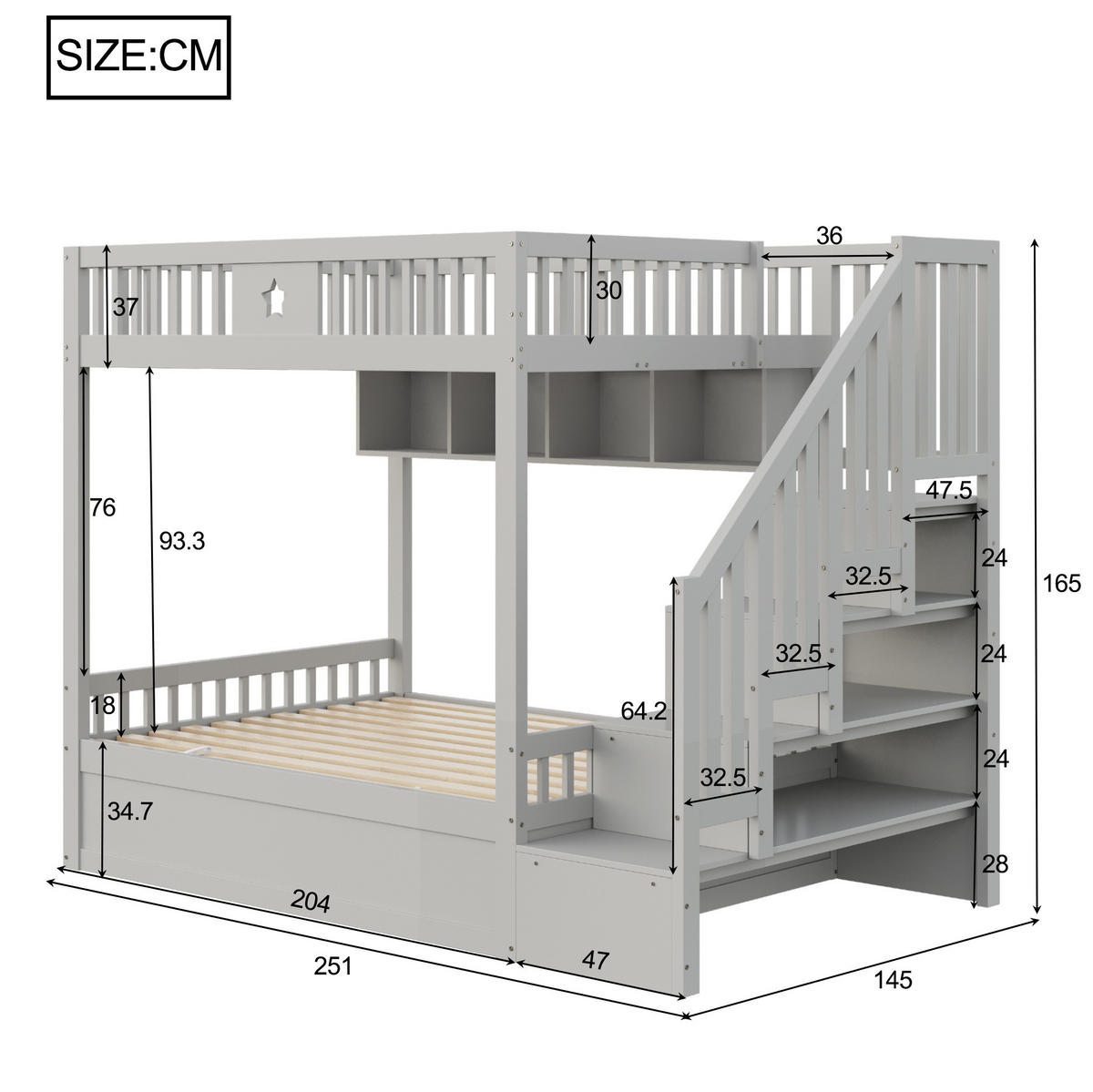ETAGENBETT 140/200 cm Grau mit Stauraumtreppe und hydraulischem Bettkasten - Grau, Holzwerkstoff (140/200cm) - OKWISH