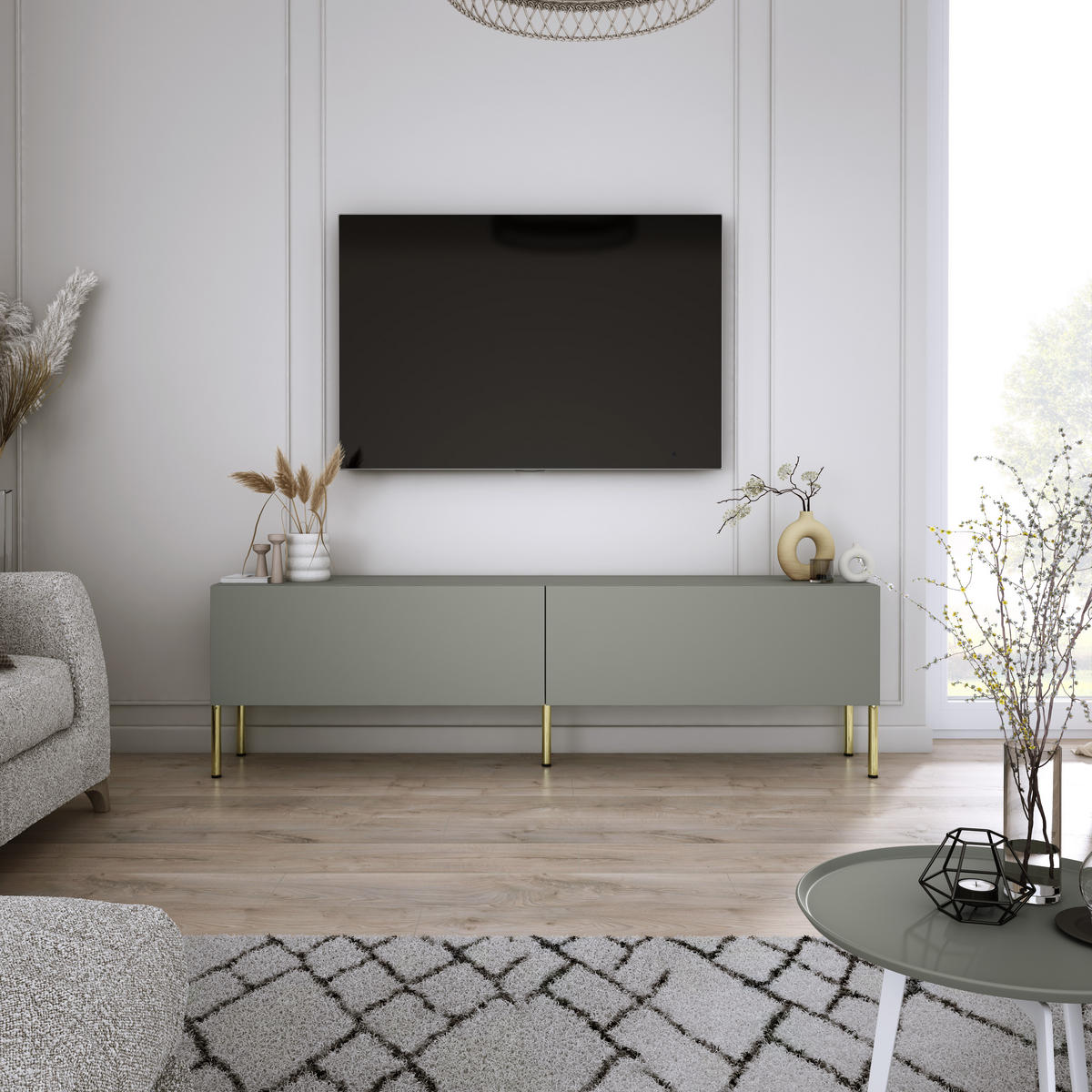 TV-SCHRANK : Aloe, 140 x 52 x 32 cm, Goldene Beine - Goldfarben/Grün, Holzwerkstoff/Metall (140/52/32cm) - 3XE LIVING
