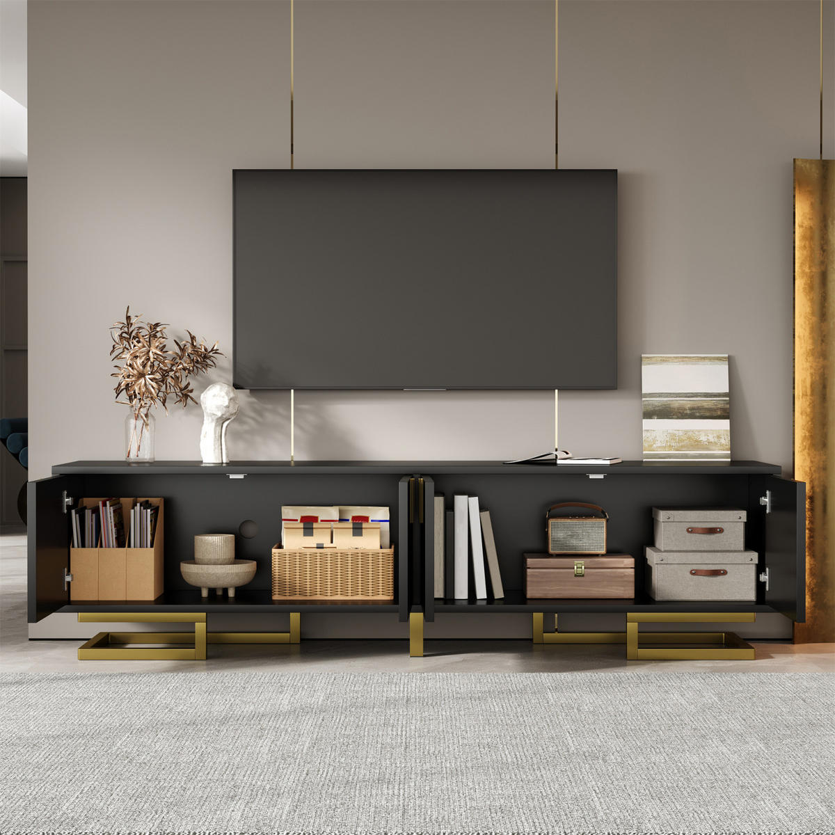 TV Lowboard 160x38x44,5 cm, Strukturfront, goldene Griffe, Schwarz - Schwarz, Holz (160/44/38cm)