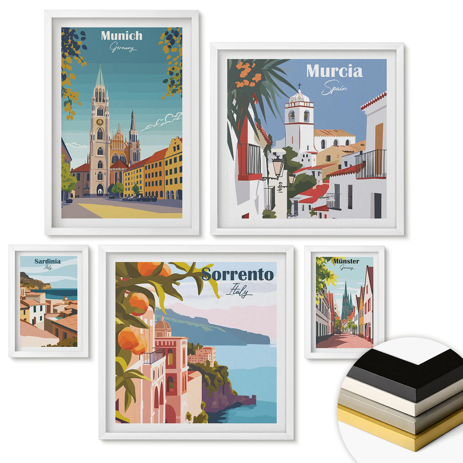 WANDBILDER 5er-Set - 50x50 cm & 20x30 cm & 40x60 cm Weißer Rahmen - Retro-Stadtillustrationen - Weiß, Kunststoff (40/60cm) - ArtPrintCave