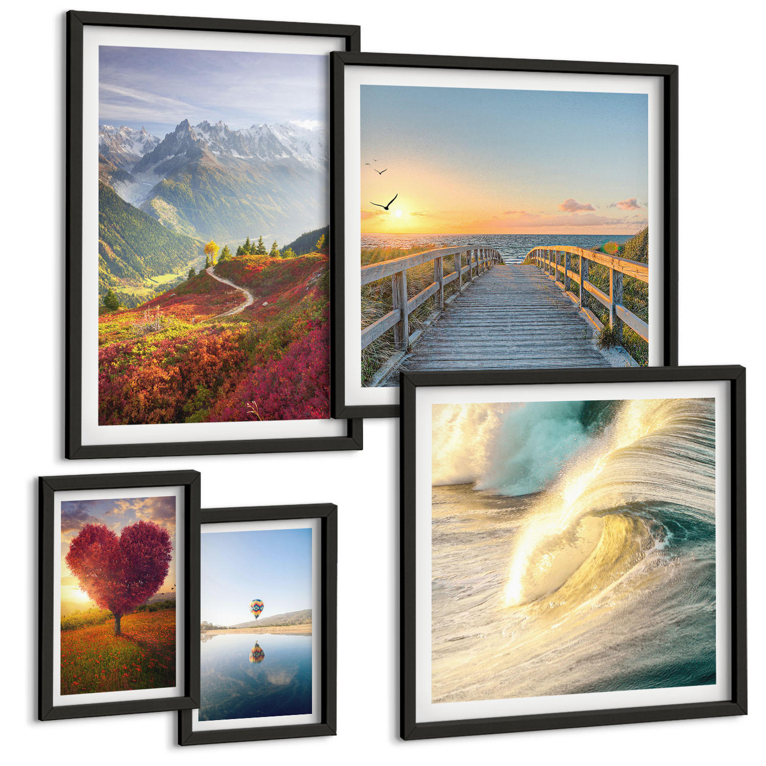 BILDER SET 5er Set - 50x50 cm & 20x30 cm & 40x60 cm Schwarzer Rahmen - Landschaften Berge Wellen Baum Herz Pier - Schwarz, Kunststoff (40/60cm) - TULUP