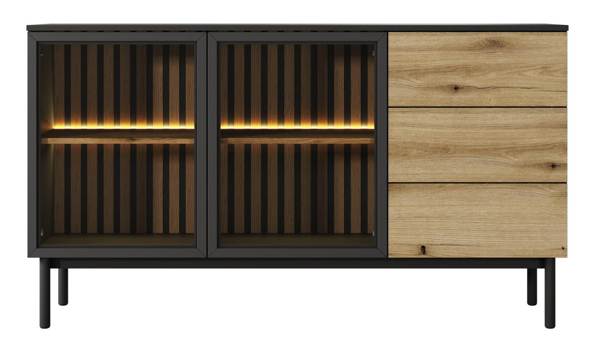 KOMMODE 150 cm mit LED Jotare, 2 Türen, Schubladen, Schwarz, Eiche Evoke - Schwarz, Holz (150/85/39cm) - Emporius