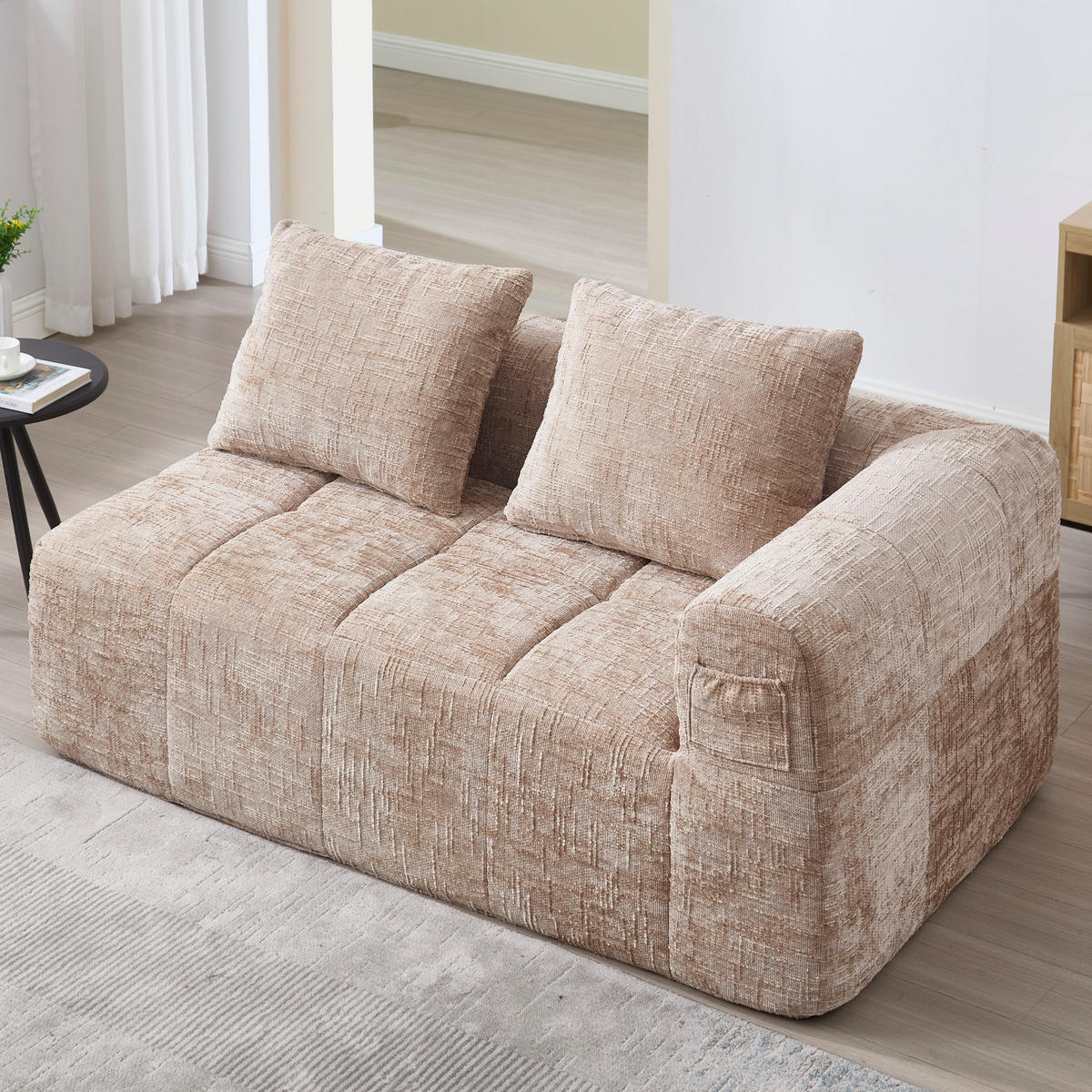 SOFA Chenille mit Chaiselongue und Seitentaschen 158/90/60 cm Sandfarben - Sandfarben, Textil (60/158/90cm) - Redom
