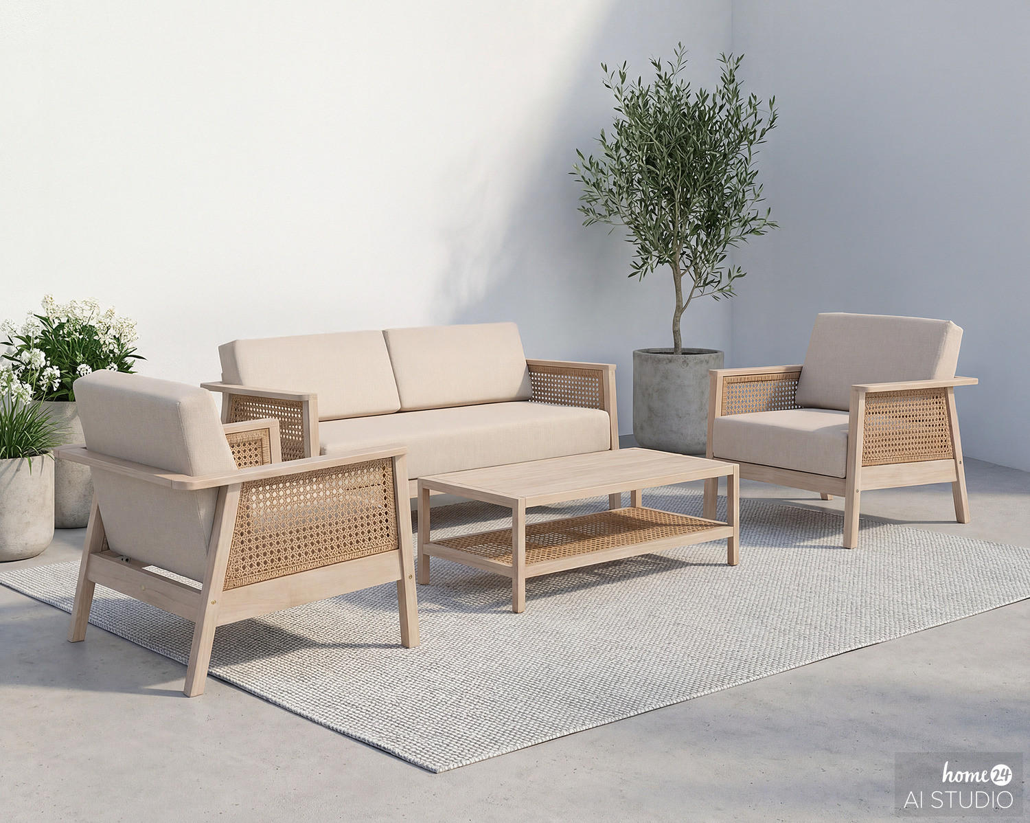 LOUNGESET - 4-teilig - Akazie massiv / Webstoff - Braun / Beige - Beige, Holz/Kunststoff - home24