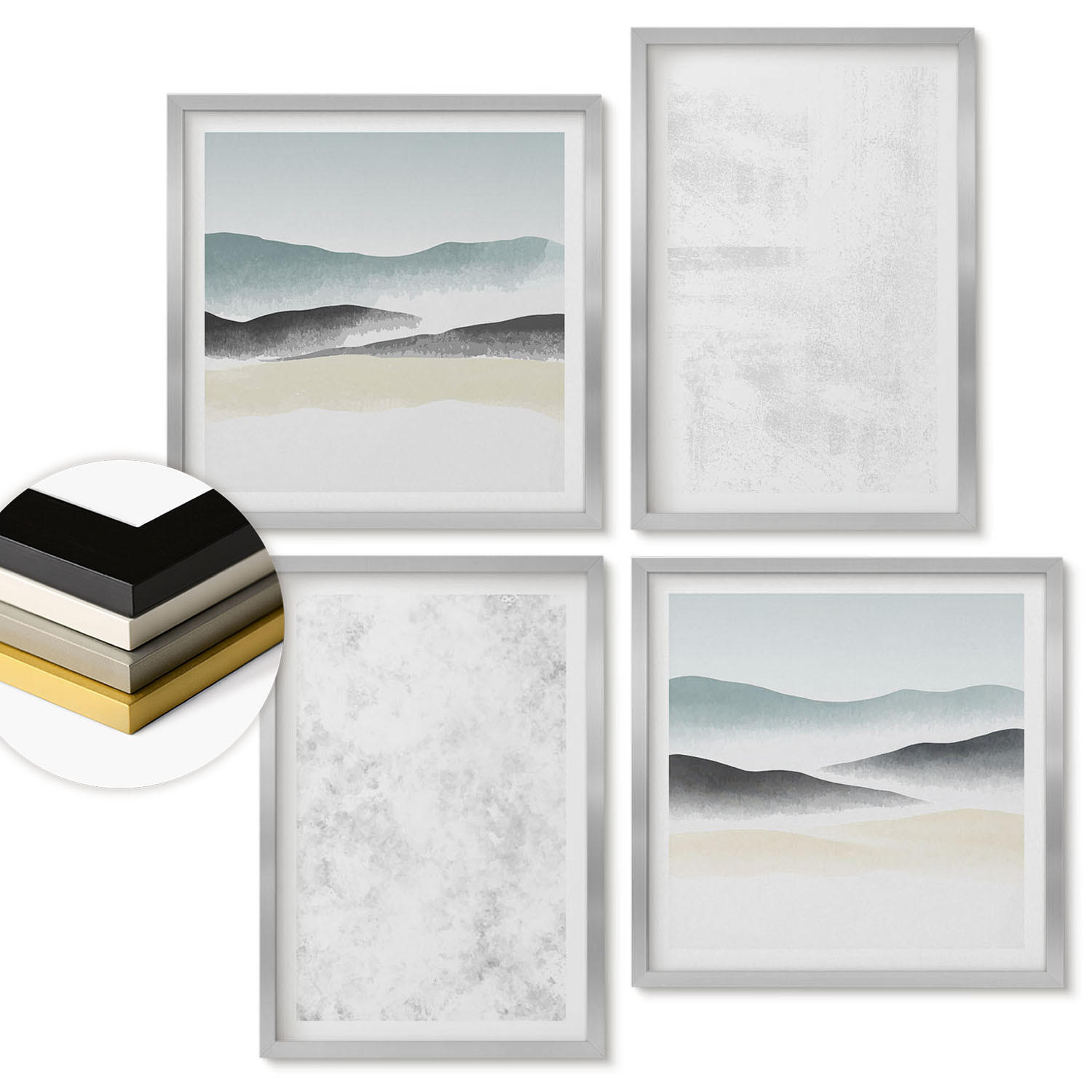 WANDBILDER 4er Set - 50x50 cm & 40x60 cm Silberner Rahmen - Weiße Flecken auf Leinwandhintergrund - Silberfarben, Kunststoff (50/50cm) - ArtPrintCave