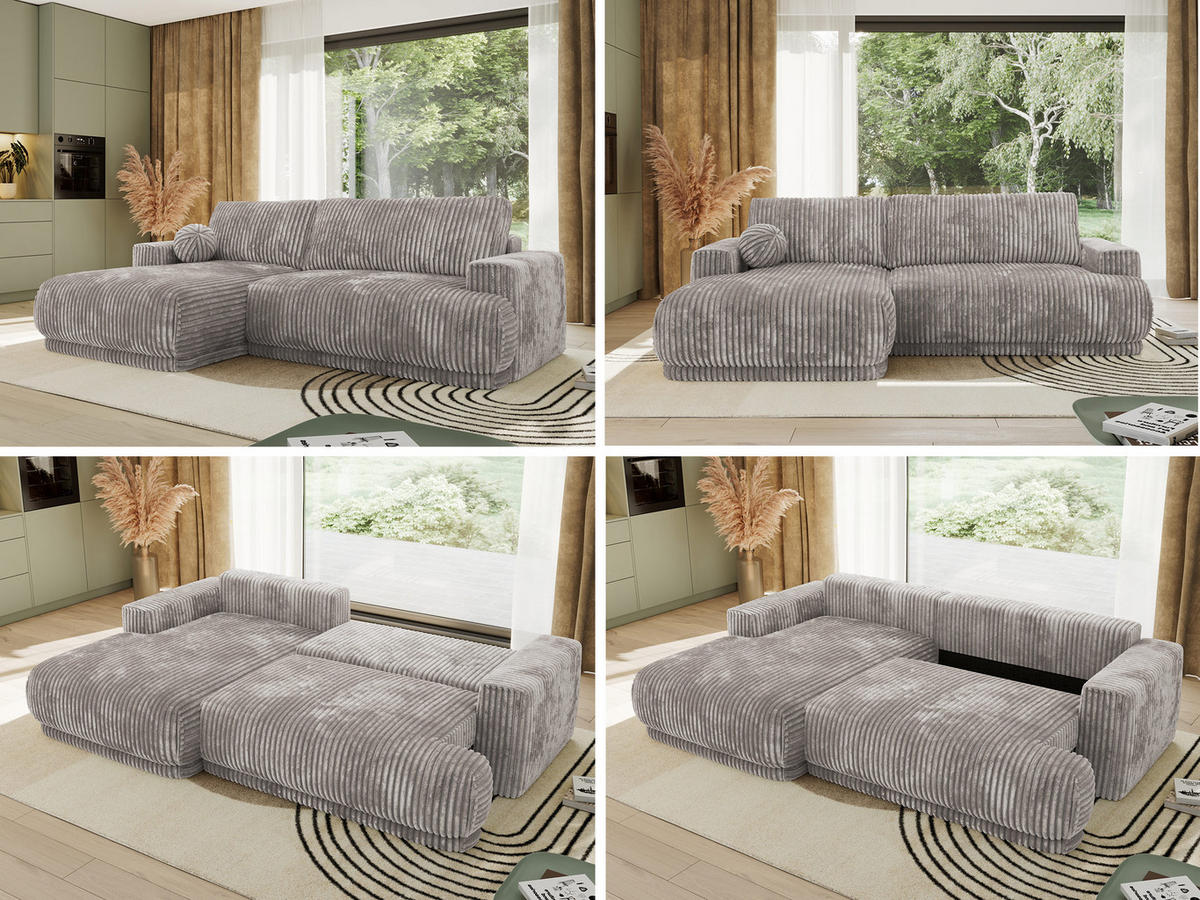 ECKSCHLAFSOFA RINA L Hellgrau Cord - links - Hellgrau/Schwarz, Kunststoff/Textil (267/170cm) - MKS