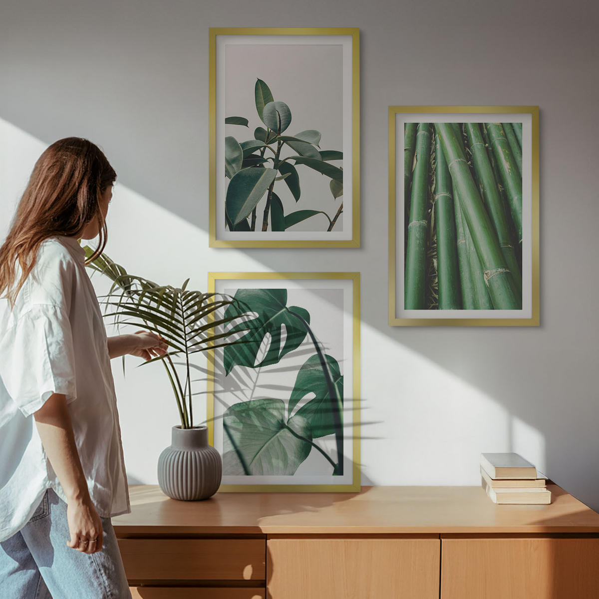 BILDER SET 3er Set - 40x60 cm Goldrahmen - Bambusstängel und Monstera-Blätter - Goldfarben, Kunststoff (40/60cm) - TULUP