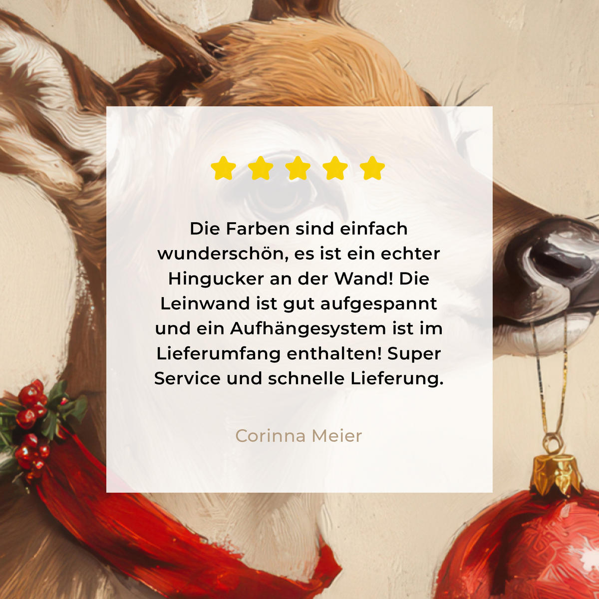 LEINWANDBILD Weihnachten - Hirsch - Geweih - Weihnachtskugel - Rentier Wandbilder 80x60 cm - Hellbraun, Textil (80/60cm) - MuchoWow