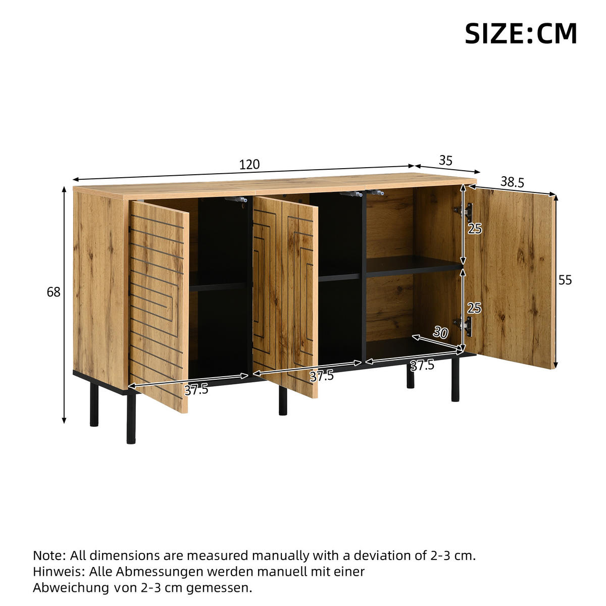 SIDEBOARD in Naturfarben mit 3 Türen für Esszimmer und Wohnzimmer, B120/T35/H68 cm - Schwarz/Naturfarben, Holzwerkstoff (120/68/35cm) - STILVORA