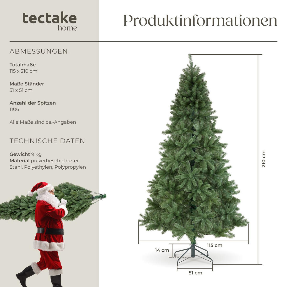WEIHNACHTSBAUM Dancer, pulverbeschichteter Metallständer mit Kunststoffkappen, grün - Grün, Kunststoff (210cm) - tectake
