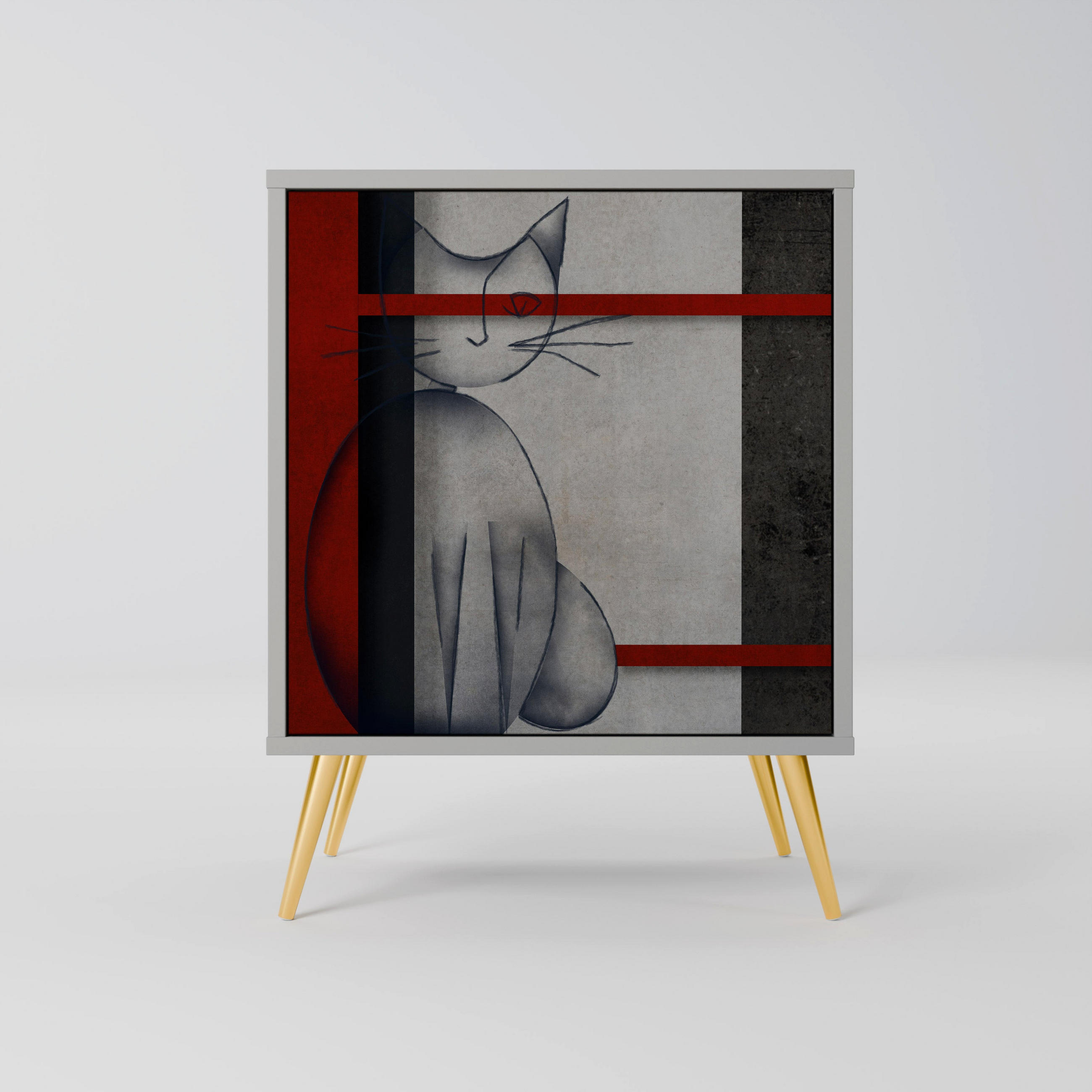 SIDEBOARD GRAY FIGURES, Grau, 57,5x42x75,5 cm, Goldfarbene Metallfüße - Goldfarben/Multicolor, Holzwerkstoff/Metall (57.5/75.5/42cm) - SpaceRebels