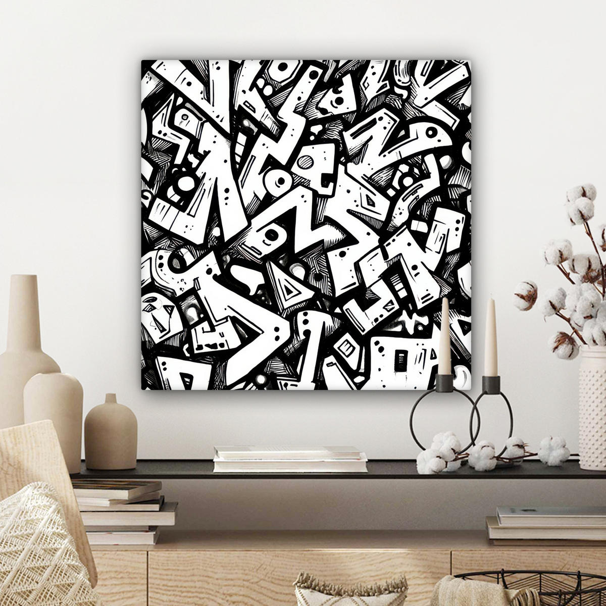 LEINWANDBILD Formen - Buchstaben - Graffiti - Schwarz Wandbild Wohnzimmer 50x50 cm - Schwarz, Textil (50/50cm) - MuchoWow