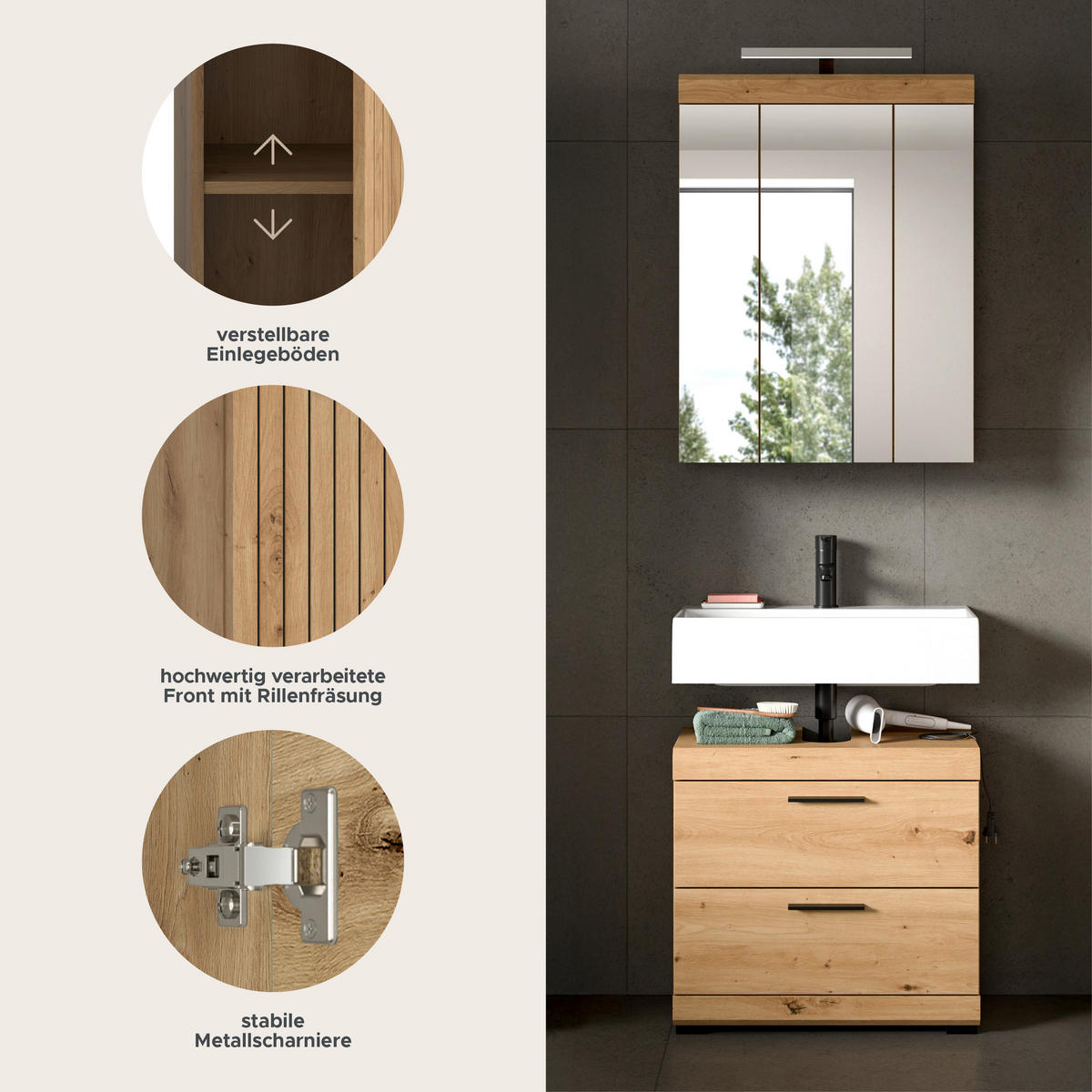 BADEZIMMER Vento 3-tlg. (B/H/T: ca. 60/191/34 cm) in Artisan Eiche /Artisan Eiche - Eiche Artisan, Holz (60/191/34cm)