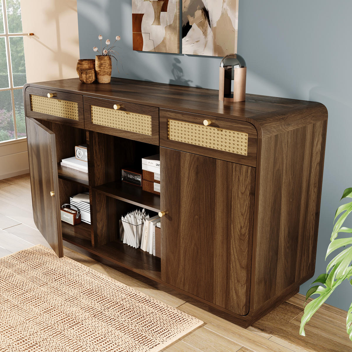 SIDEBOARD DE-37497 120/40/85 cm mit Rattan und Goldgriffen Nussbaum - Walnussfarben, Holzwerkstoff (120/85/40cm) - ComfortXL