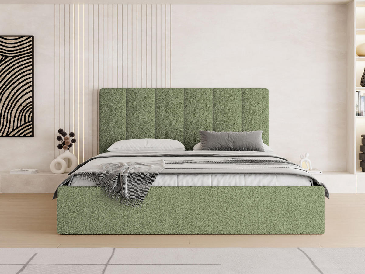 POLSTERBETT Amira Slim mit Bettkasten, Grün Boucle 200x200 cm - Birkefarben/Schwarz, Holz/Holzwerkstoff (200/200cm) - WFL GROUP