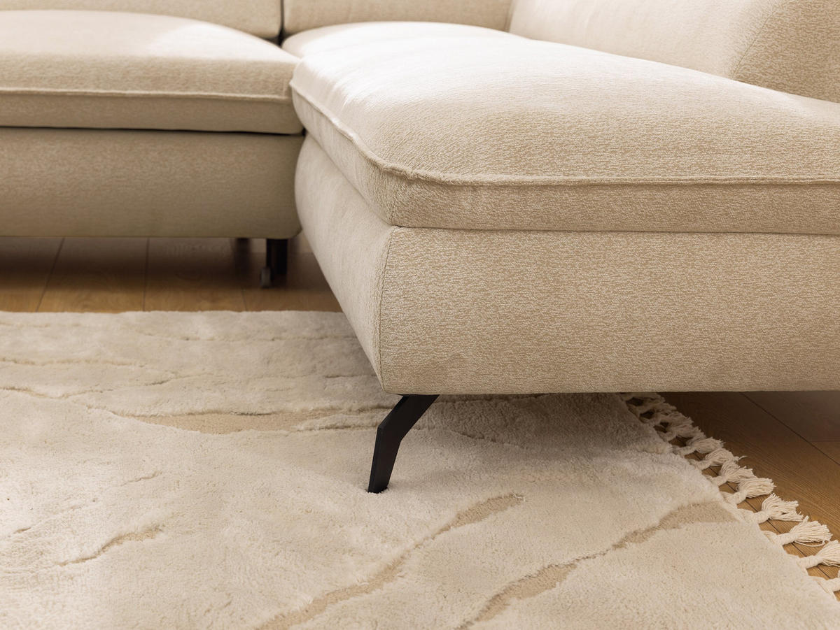 ECKSOFA mit Schlaffunktion und Bettkasten Bonnie aus Taupe Chenille-Stoff mit verstellbaren Kopfstützen und Armlehne - Ottomane rechts - Taupe/Schwarz, Holz/Textil (275/210cm) - S-Style Möbel