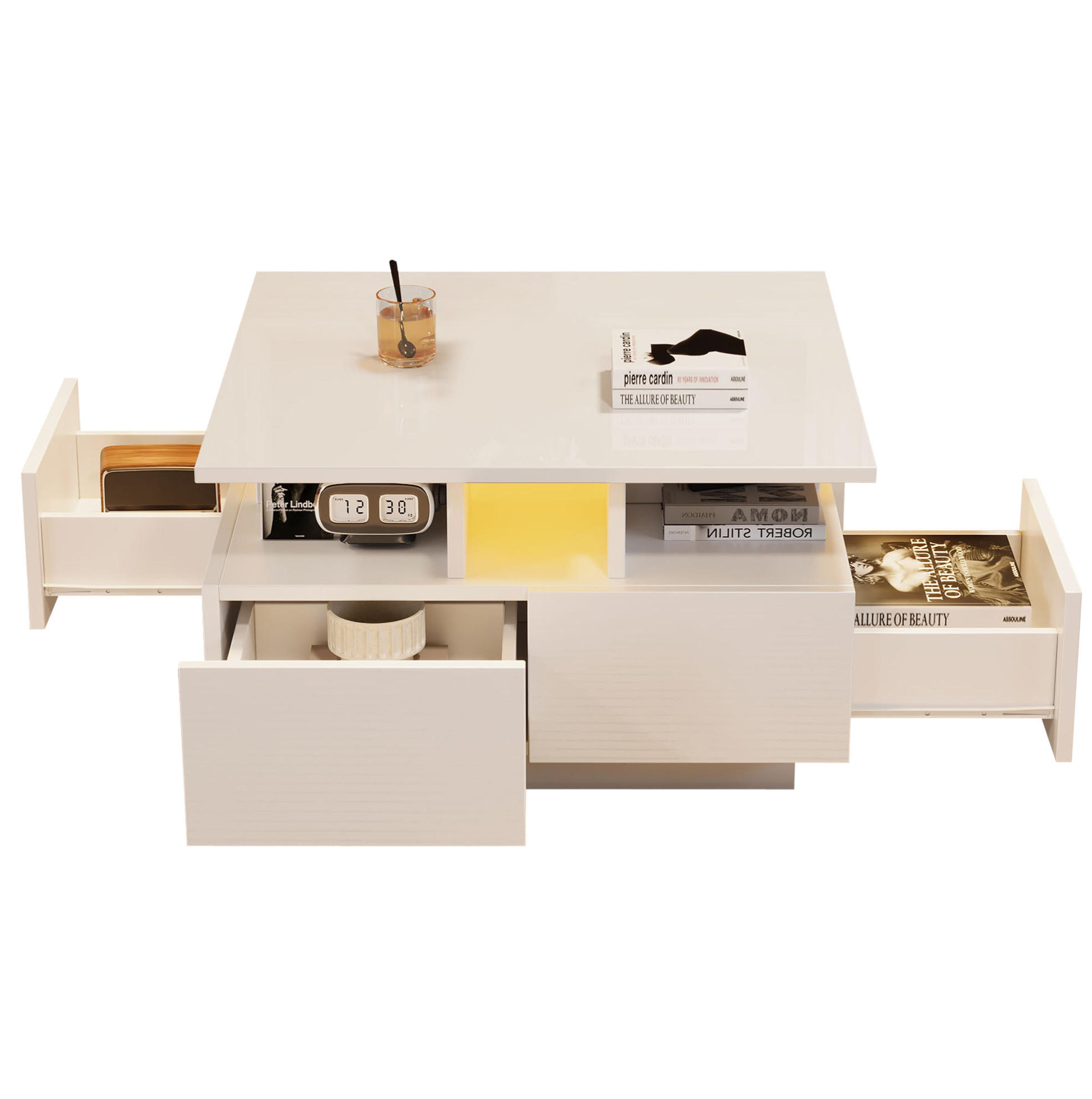 COUCHTISCH 70/70/40 cm weiß aus Spanplatte mit LED und 4 Schubladen - Weiß, Holzwerkstoff (70/70/40cm) - OKMYHOME