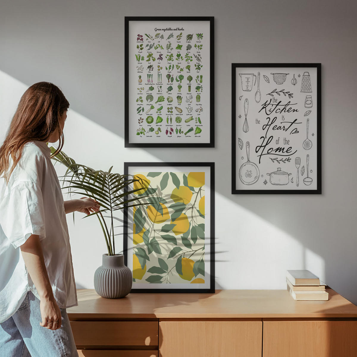 WANDBILDER 3er-Set - 40x60 cm Schwarzer Rahmen - Bemalte Zitronen-Küchenkräuter - Schwarz, Kunststoff (40/60cm) - ArtPrintCave