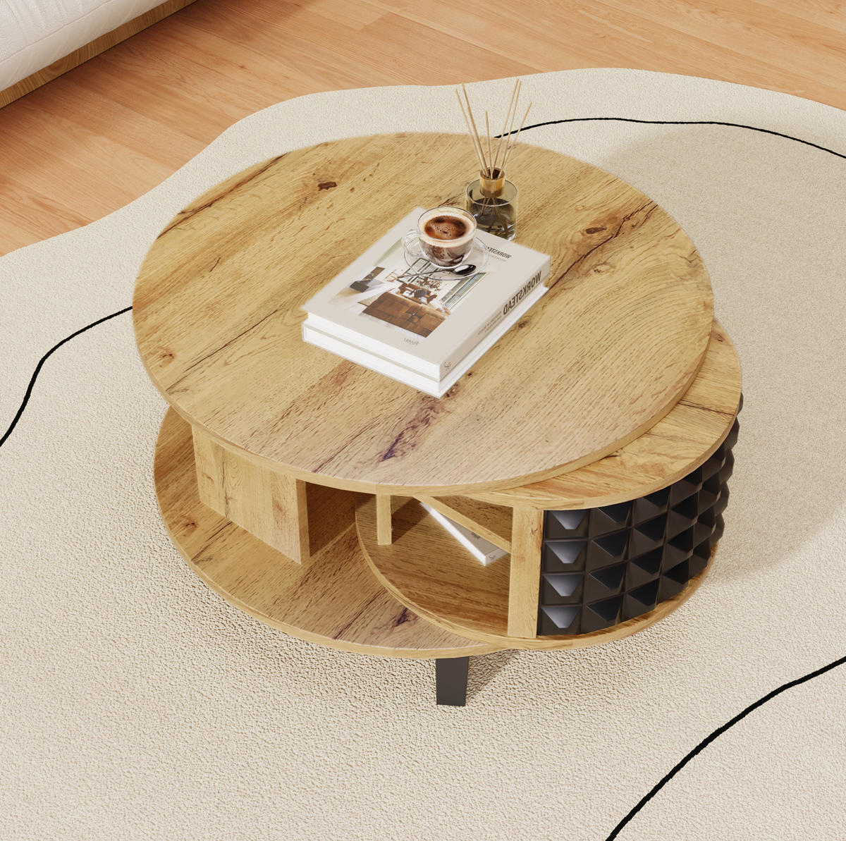 COUCHTISCH aus Spanplatte 85,2x80x45,2 cm Natur mit drehbarem Stauraum und zweistöckiger Tischplatte - Naturfarben, Holzwerkstoff (82.5/80/45.2cm) - Modfu