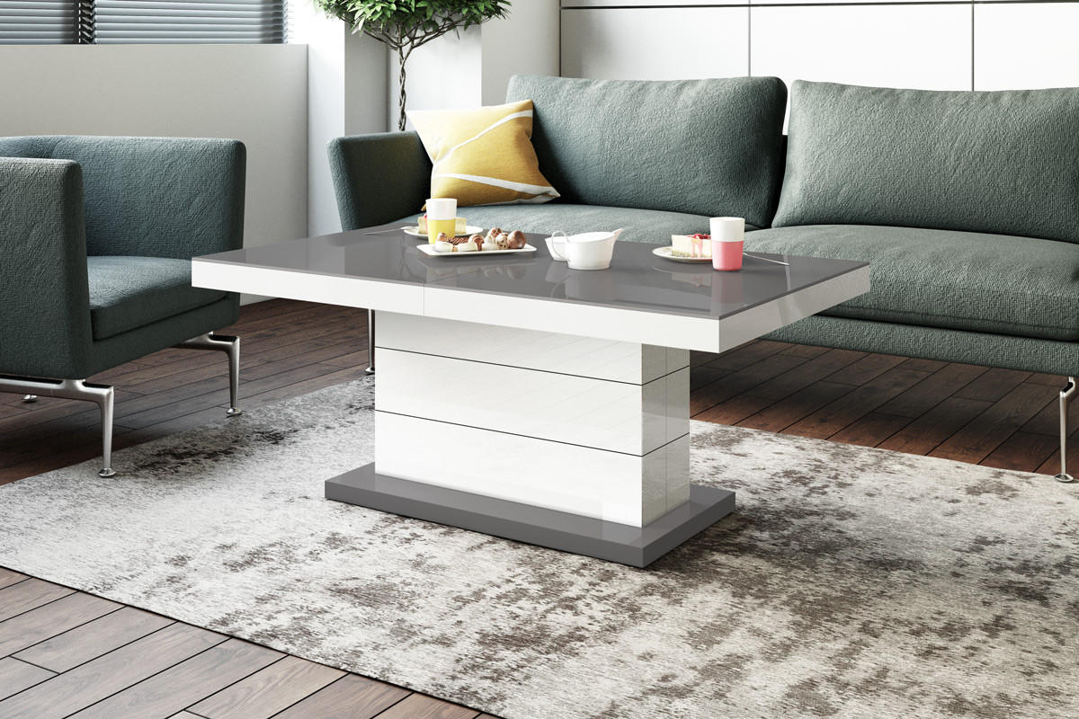 COUCHTISCH rechteckig Grau Weiß Hochglanz auziehbar höhenverstellbar 120/70/50 cm - Weiß Hochglanz/Grau, Holzwerkstoff (70/120/50cm)