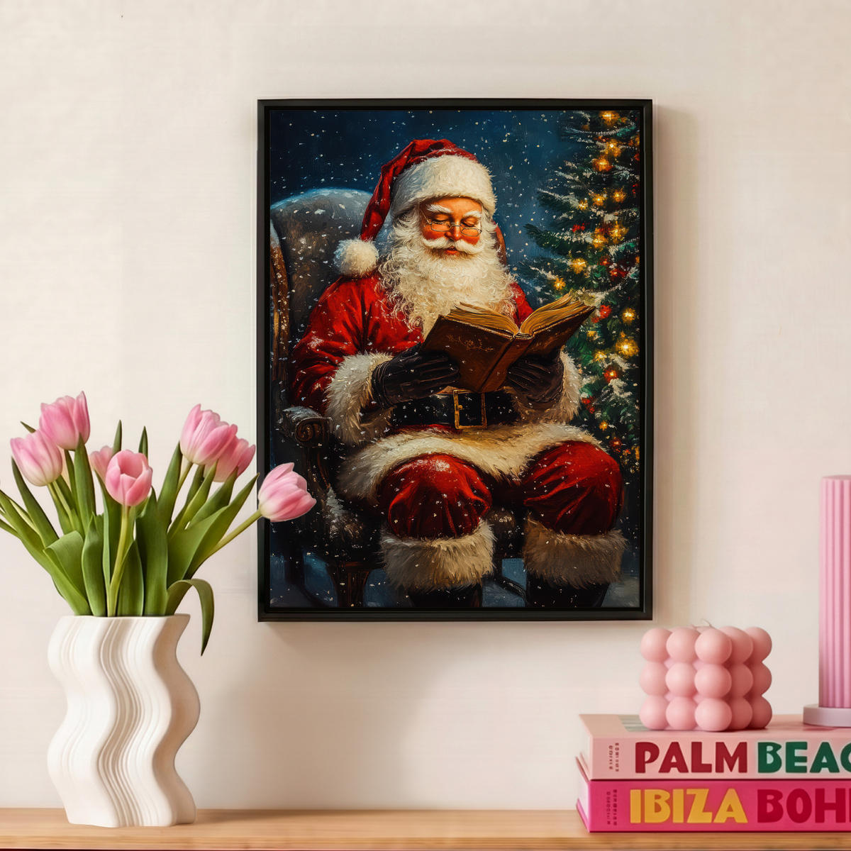 LEINWAND Bilder mit Rahmen - Weihnachtsmann - Weihnachten - Winter - Weihnachtsbaum - 30x40 - Bordeaux, Textil (30/40cm) - MuchoWow