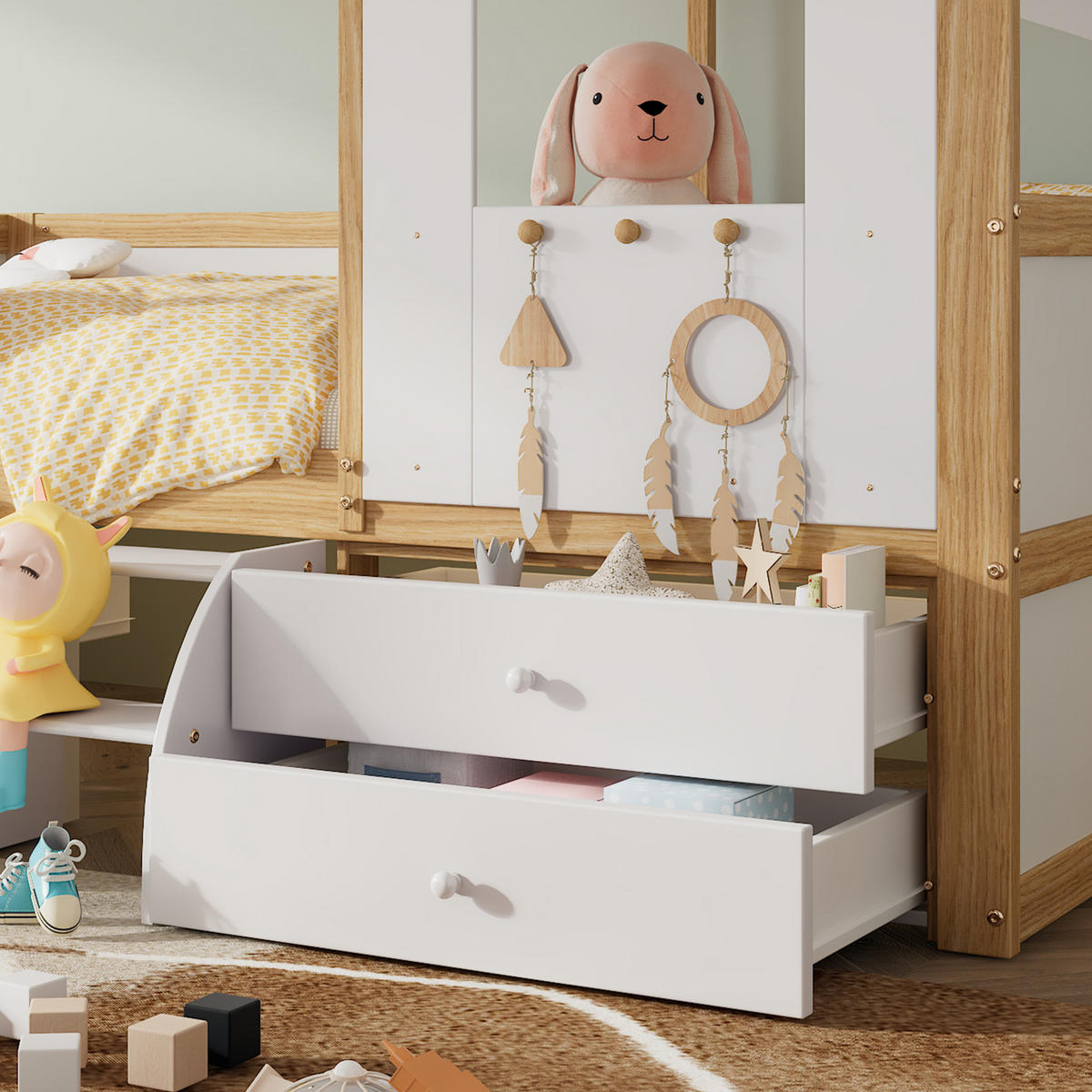 HAUSBETT 90/200 cm Weiß+Natur mit Dach und Fenster aus Kiefer und MDF - Weiß, Holzwerkstoff (90/200cm) - OKWISH