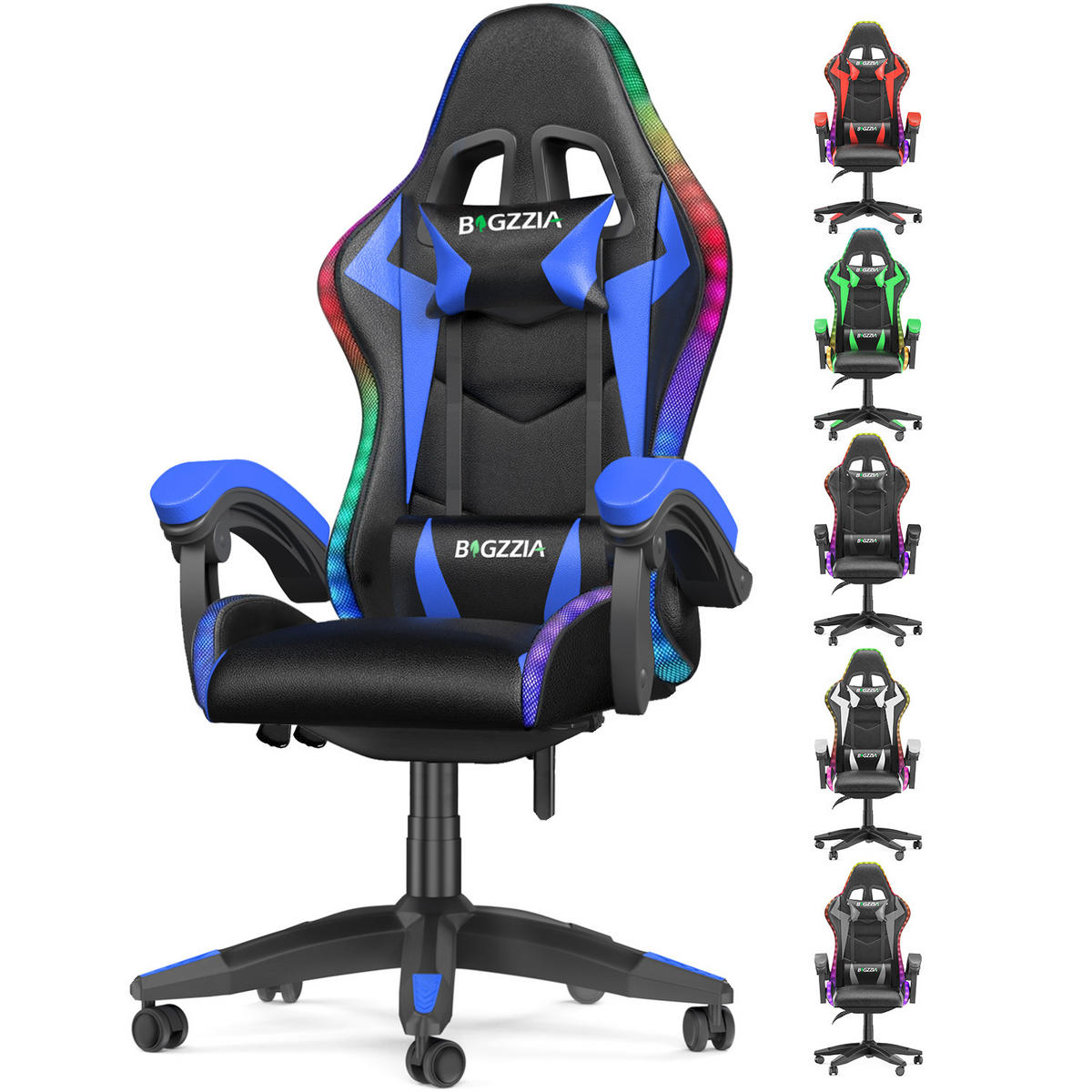 GAMINGSTUHL Schwarz-Blau Racing Ergonomisch mit LED-Licht - Blau, Leder (29/59/79cm) - Rattrix