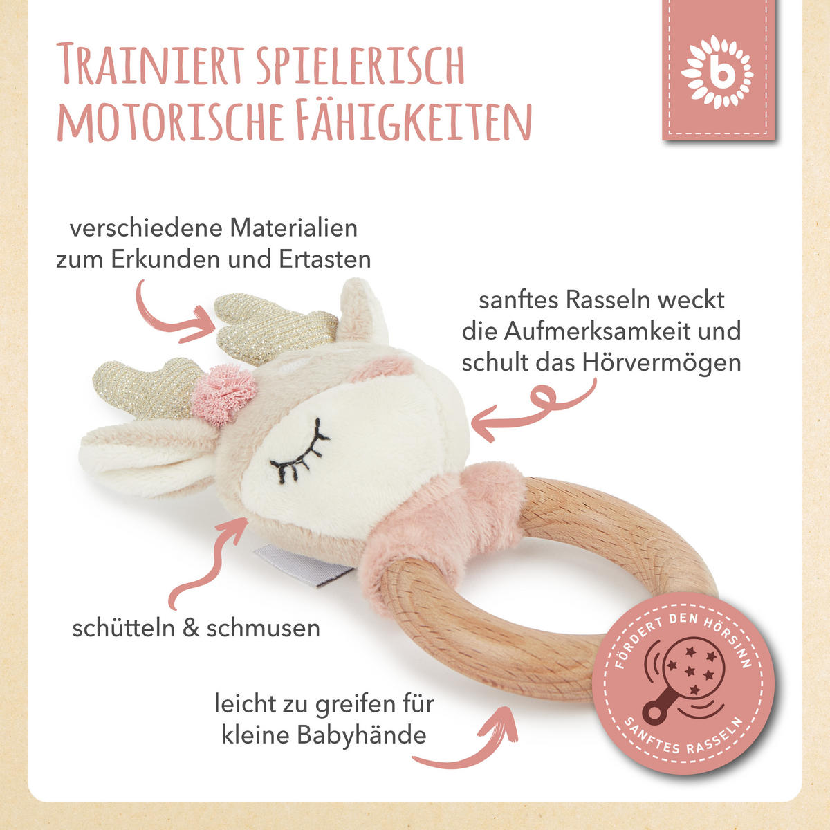 GREIFLING Holz Natur Reh - Rosa, Textil (10/15cm) - Bieco Spielwaren