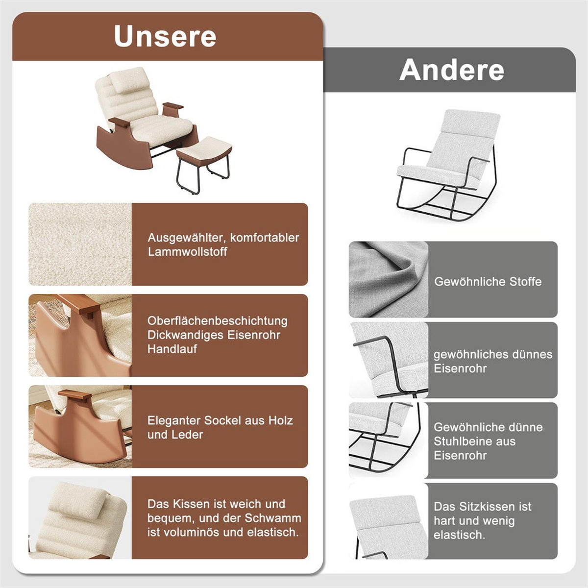SCHAUKELSTUHL mit Hocker und Kopfkissen - 3-stufig verstellbare Rückenlehne und Lammfell-Imitat - Beige-Braun - Beige, Textil (61.5/81/51.5cm) - DELFA