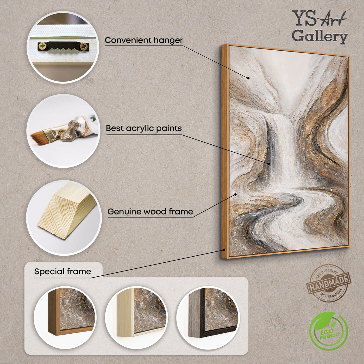 GEMÄLDE Wasserfall der Träume Schattenfugenrahmen Beige 140x100 cm - Beige, Holz (140/100cm) - YS-art gallery
