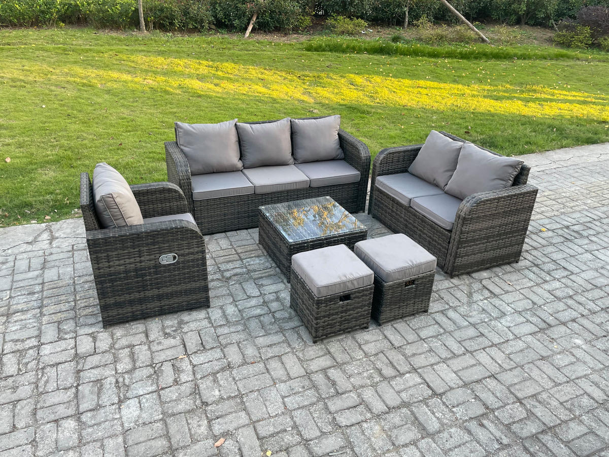 GARTENTISCHGRUPPE Polyrattan Dunkelgrau 6-teilige - Dunkelgrau/Grau, Glas/Kunststoff - Fimous