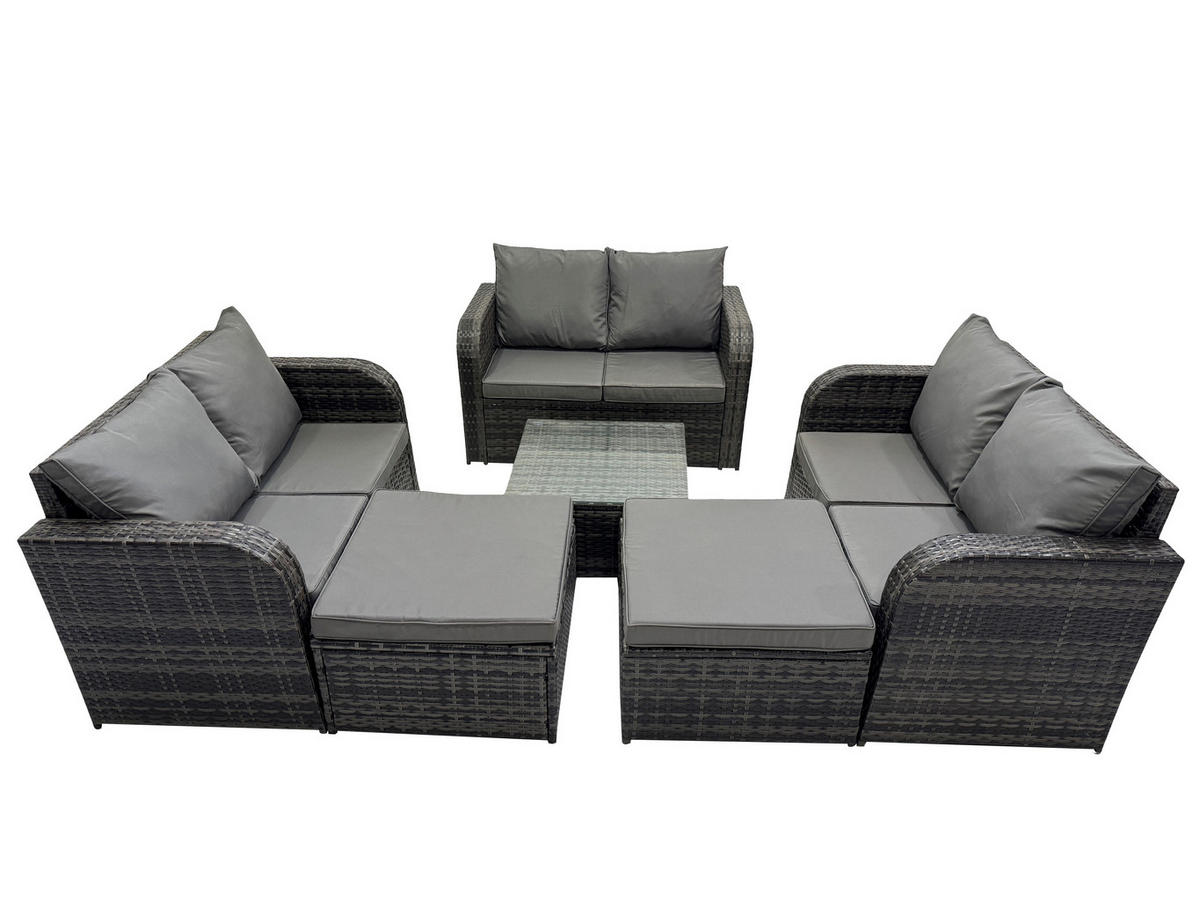 GARTENMÖBEL SET mit COUCHTISCH Polyrattan Dunkelgrau 8-Sitzer - Dunkelgrau/Grau, Glas/Kunststoff - Fimous