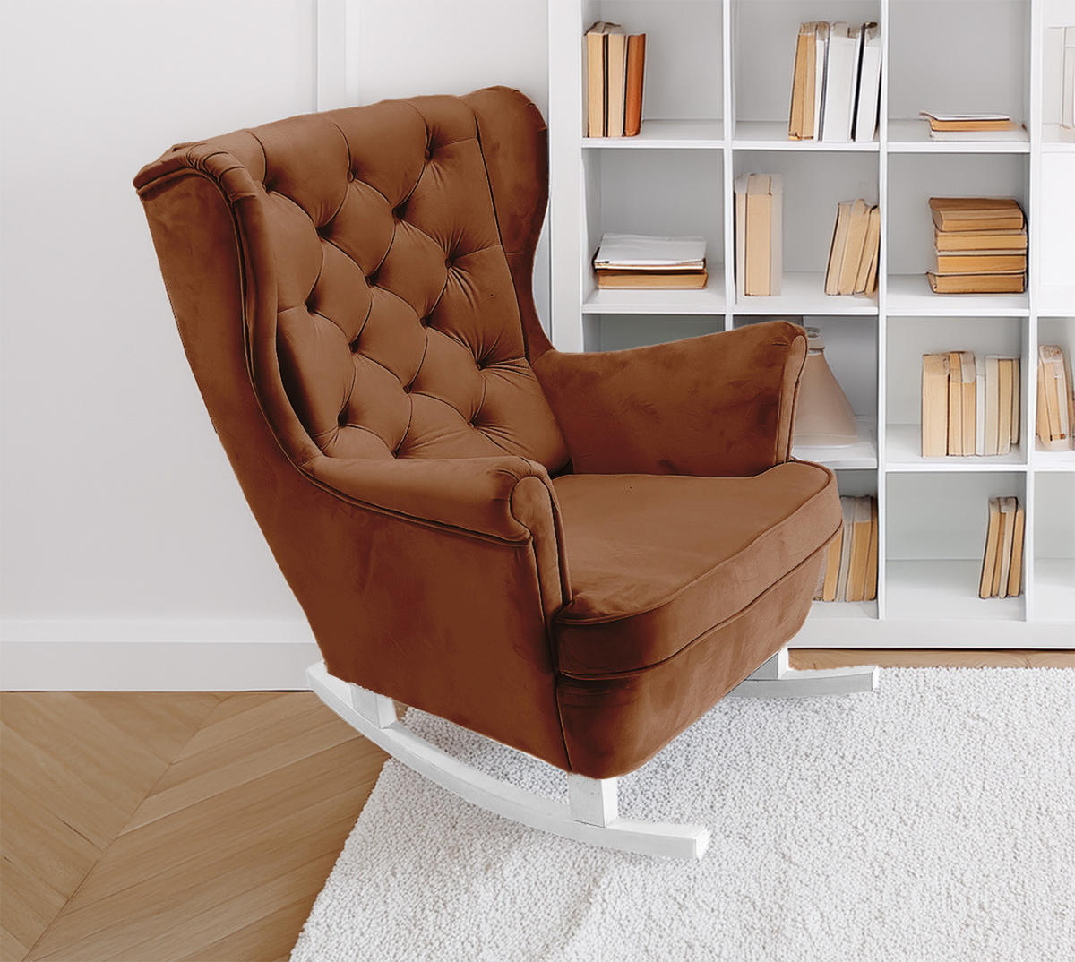 SCHAUKELSESSEL mit gepolstertem Sitz und Armlehnen, 102x81x95 cm, Dunkelbraun_29828 - Haselnussfarben/Weiß, Holz/Textil (81/102/95cm) - DomoHome