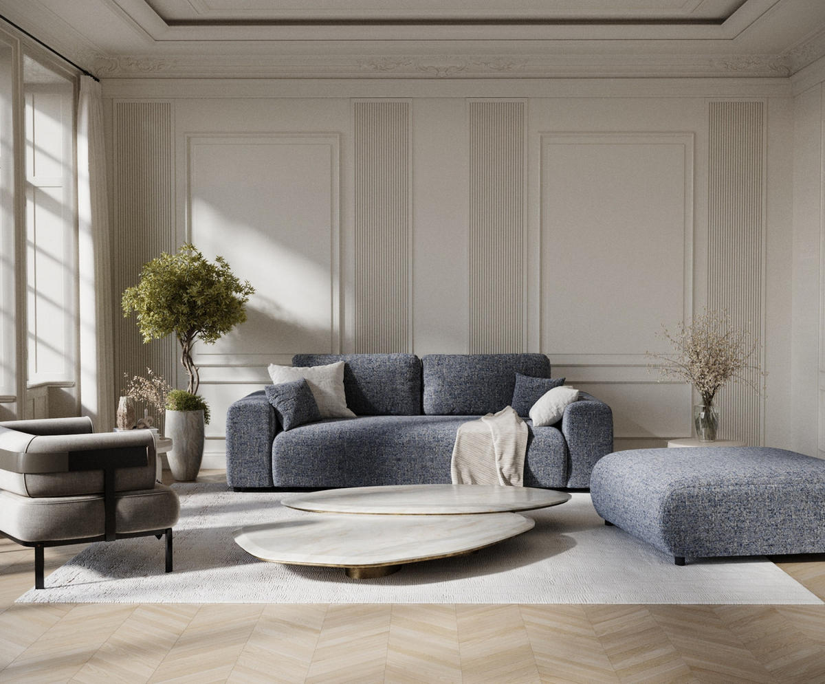 3-SITZER-SOFA Zanzibar Marineblau Webstoff - Schwarz/Dunkelblau, Holz/Holzwerkstoff (213/79/108cm) - Maison de Reve