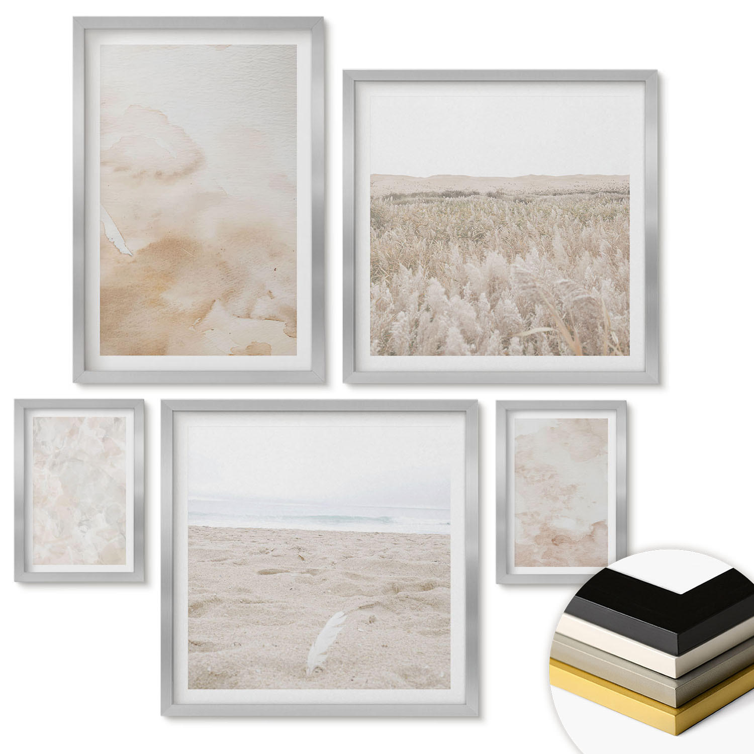 WANDBILDER 5er Set - 50x50 cm & 20x30 cm & 40x60 cm Silberner Rahmen - Modische Pastelltexturen - Silberfarben, Kunststoff (40/60cm) - ArtPrintCave
