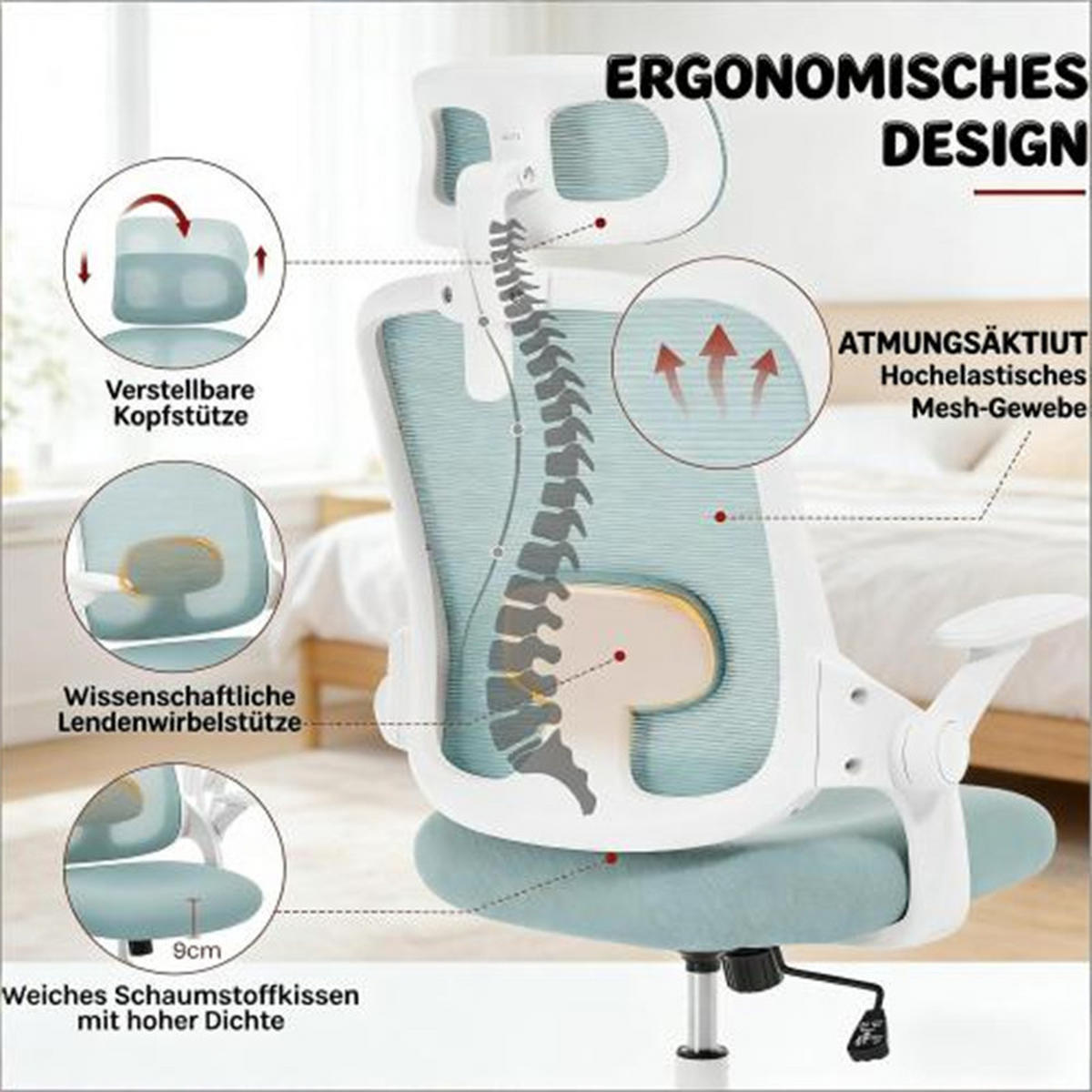 DREHSTUHL Ergonomisch Blau, Metall & Mesh, drehbar & rollbar, 63,5 x 47 x 117,5 cm - Blau, Metall (63.5/117.5/47cm) - Albatros