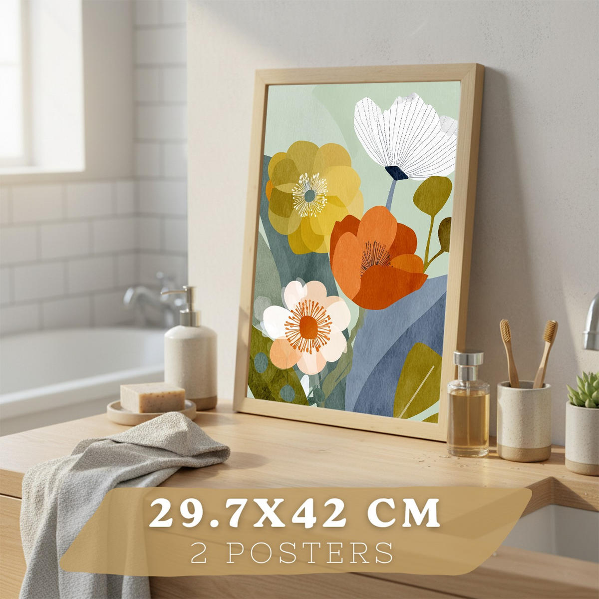PLAKÁT Sada 4 Floral Světlý dřevěný rám A3 - béžová, papír (42/29.7/3cm) - Nacnic