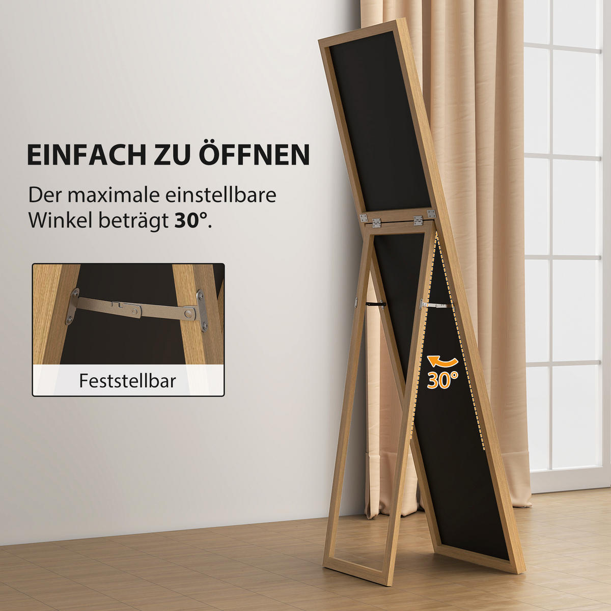STANDSPIEGEL DE-09994 mit Ständer, freistehend Natur - Hellbraun/Silberfarben, Holzwerkstoff (40/150/3cm) - ComfortXL