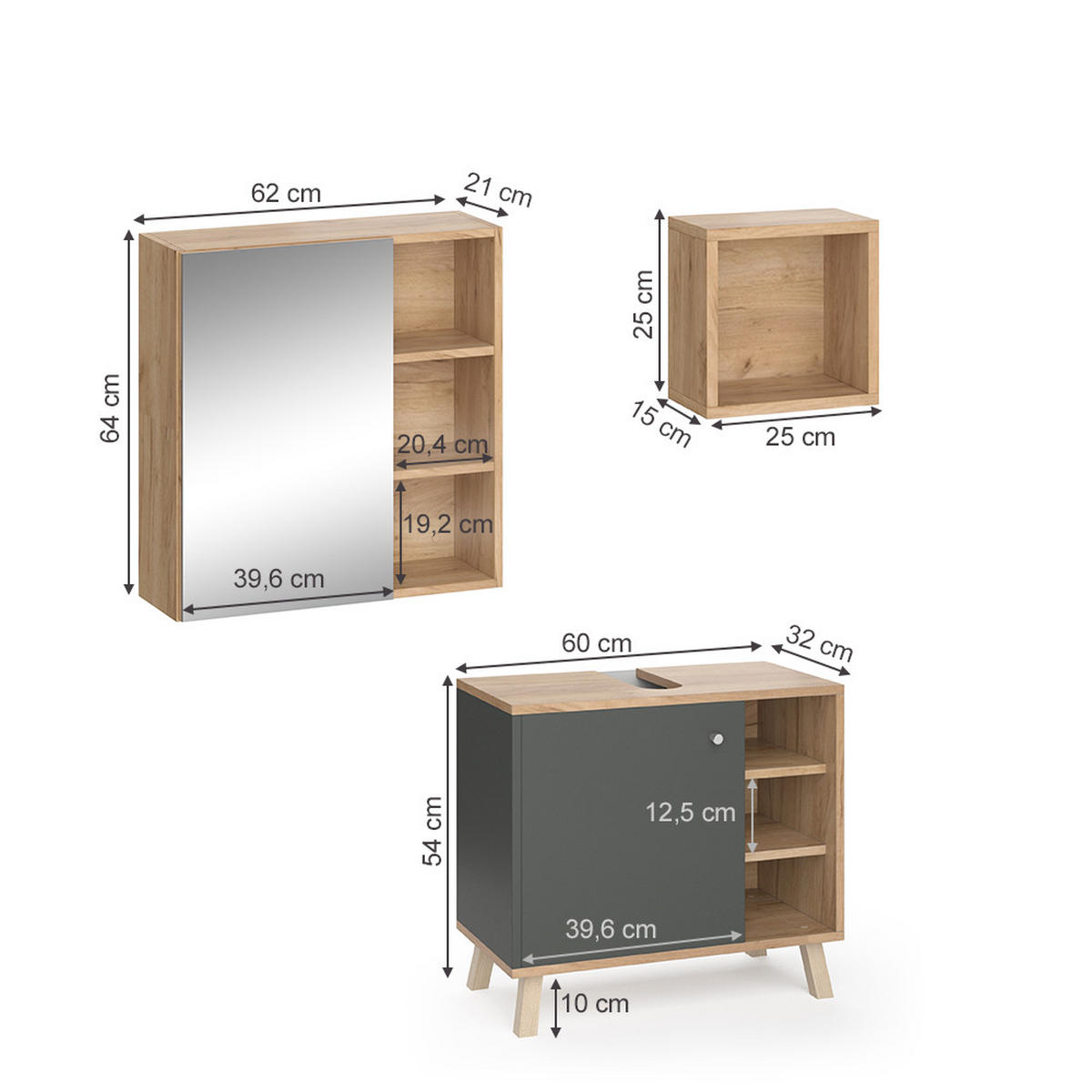 BADMÖBEL-SET Senyo Anthrazit 3 Teile - Anthrazit/Eiche Wotan, Holzwerkstoff (62/54/32cm) - Vicco